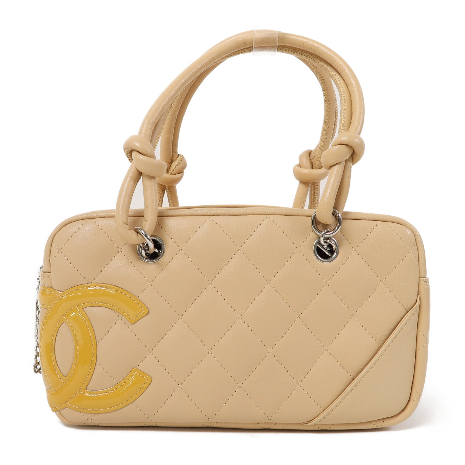CHANEL 菱格牛皮皮革Cambon銀扣手挽袋卡其色