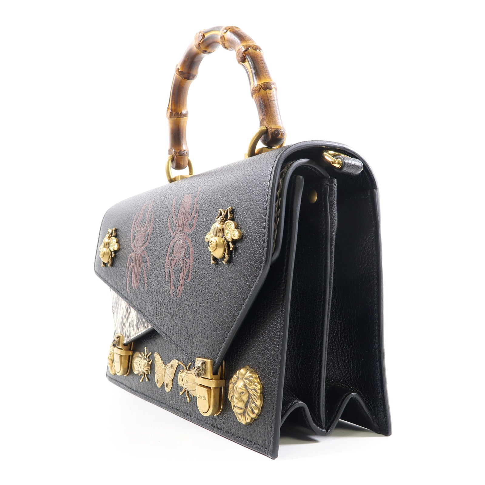 GUCCI 皮革/蛇皮皮革Ottilia金扣手挽肩背兩用袋黑色