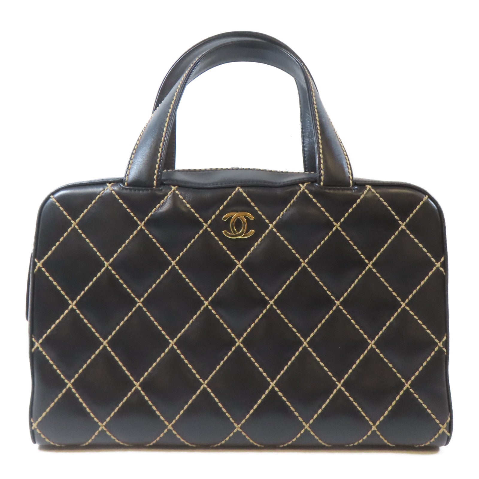 CHANEL 菱格牛皮皮革Vintage Handbag金扣金扣黑色