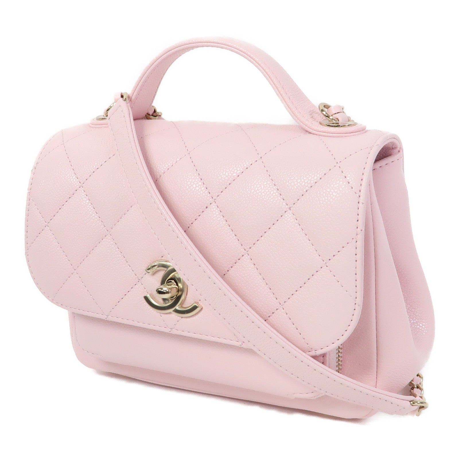 CHANEL 菱格Caviar皮革Business Affinity Chain Shoulder Bag金扣鏈帶手挽肩背兩用袋粉紅色