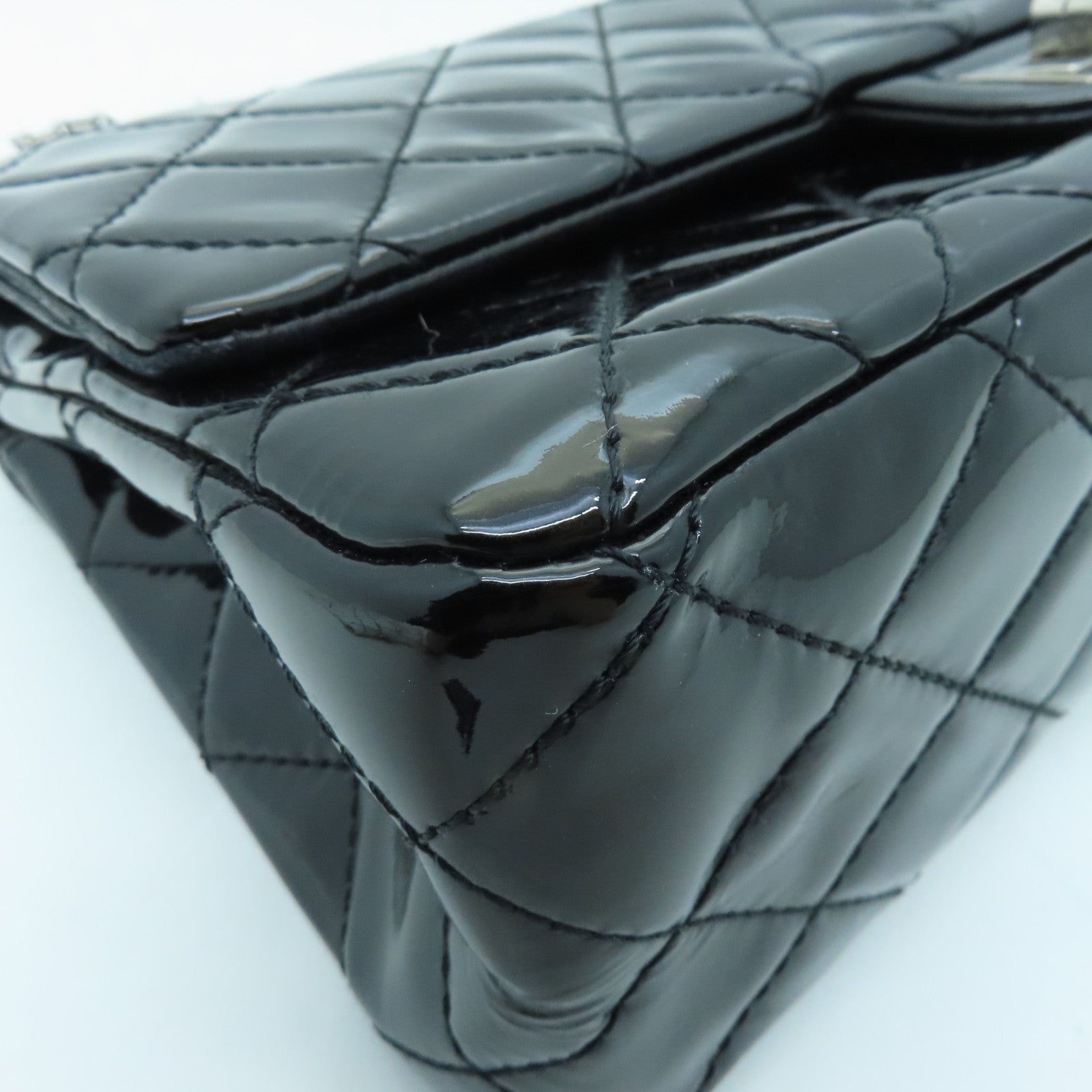 CHANEL Diamond Patent Leather 2.55 Classic Jumbo Silver Buckle Chain Shoulder Bag Black