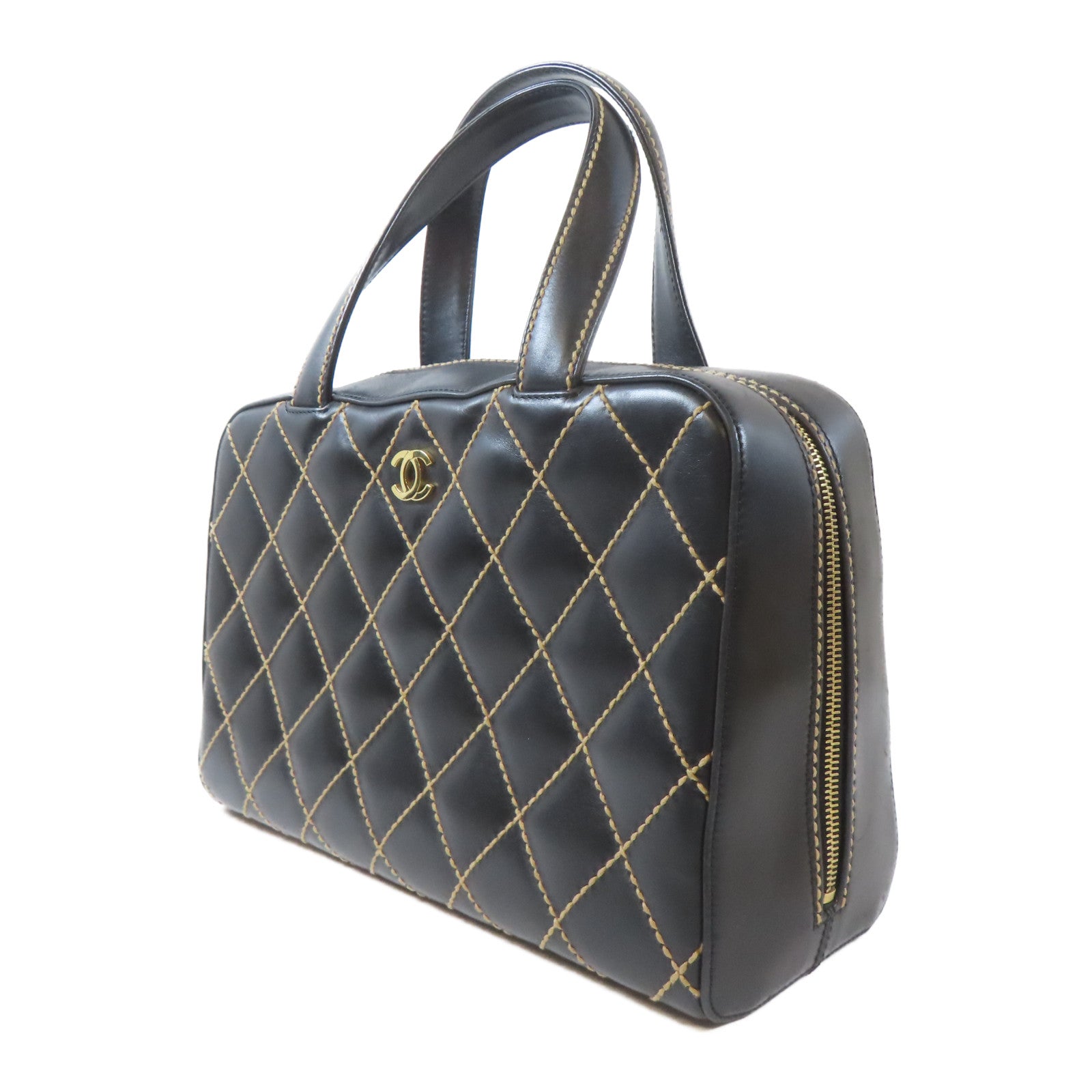 CHANEL 菱格牛皮皮革Vintage Handbag金扣金扣黑色