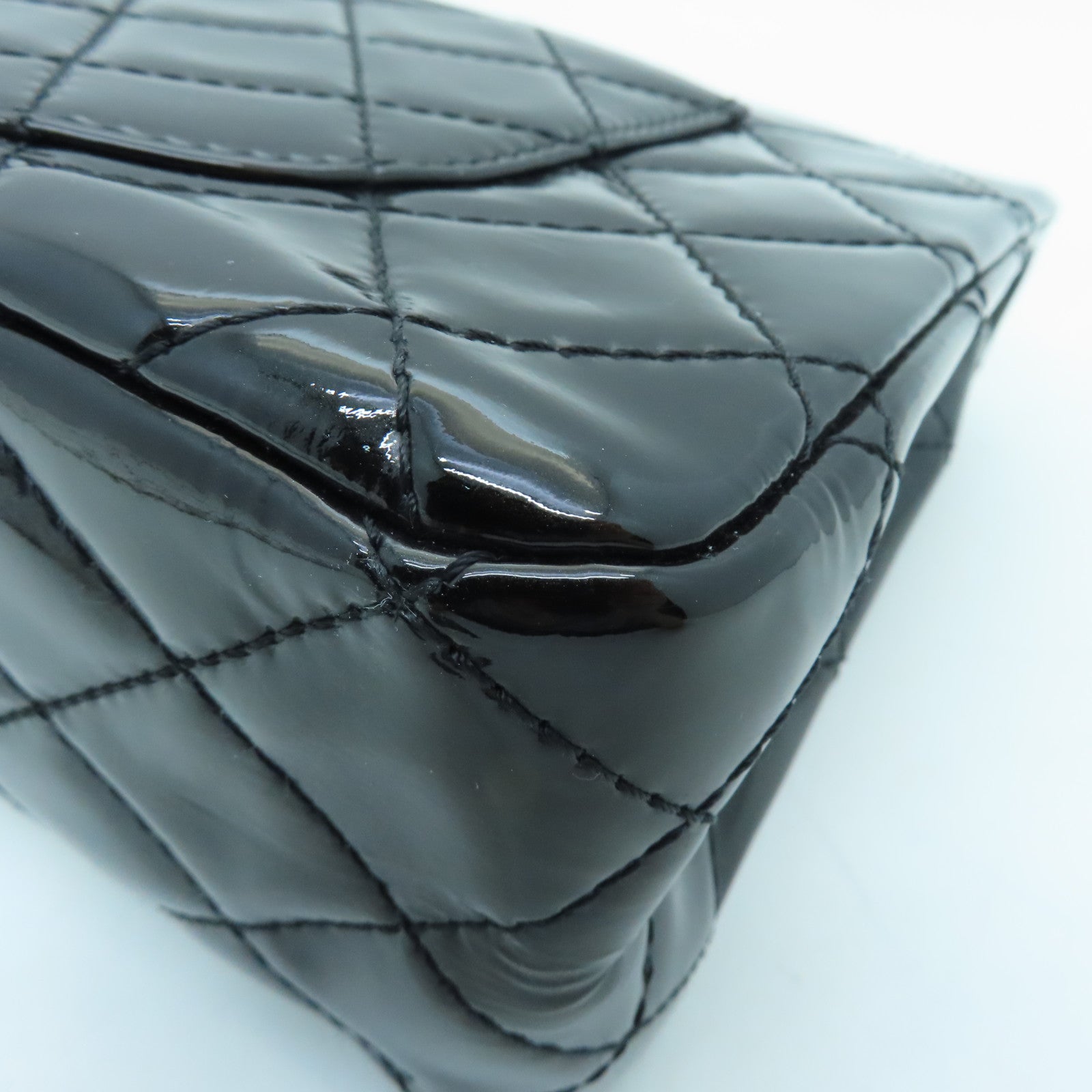 CHANEL Diamond Patent Leather 2.55 Classic Jumbo Silver Buckle Chain Shoulder Bag Black