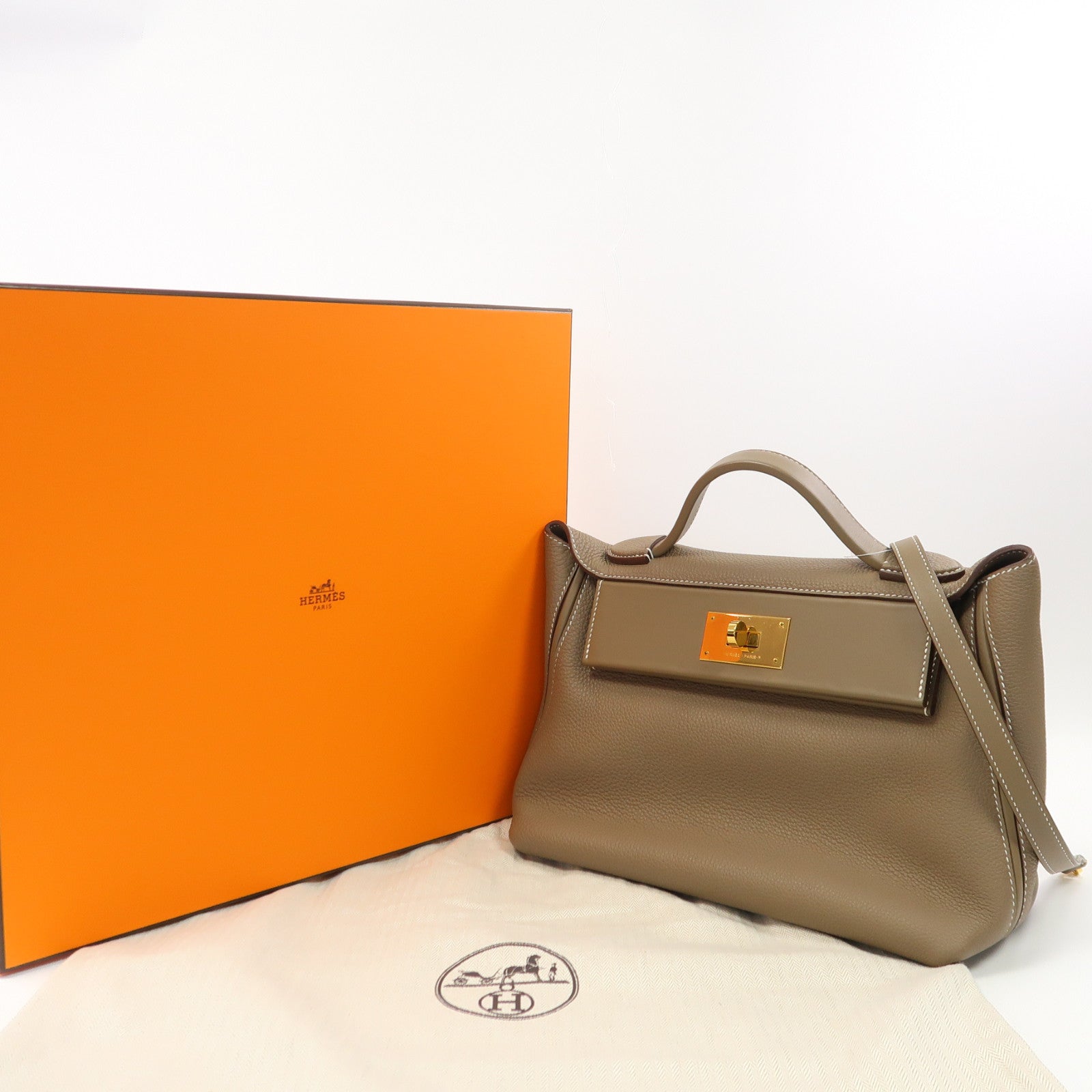 HERMES Togo皮革24/24 29cm金扣手挽肩背兩用袋大象灰色