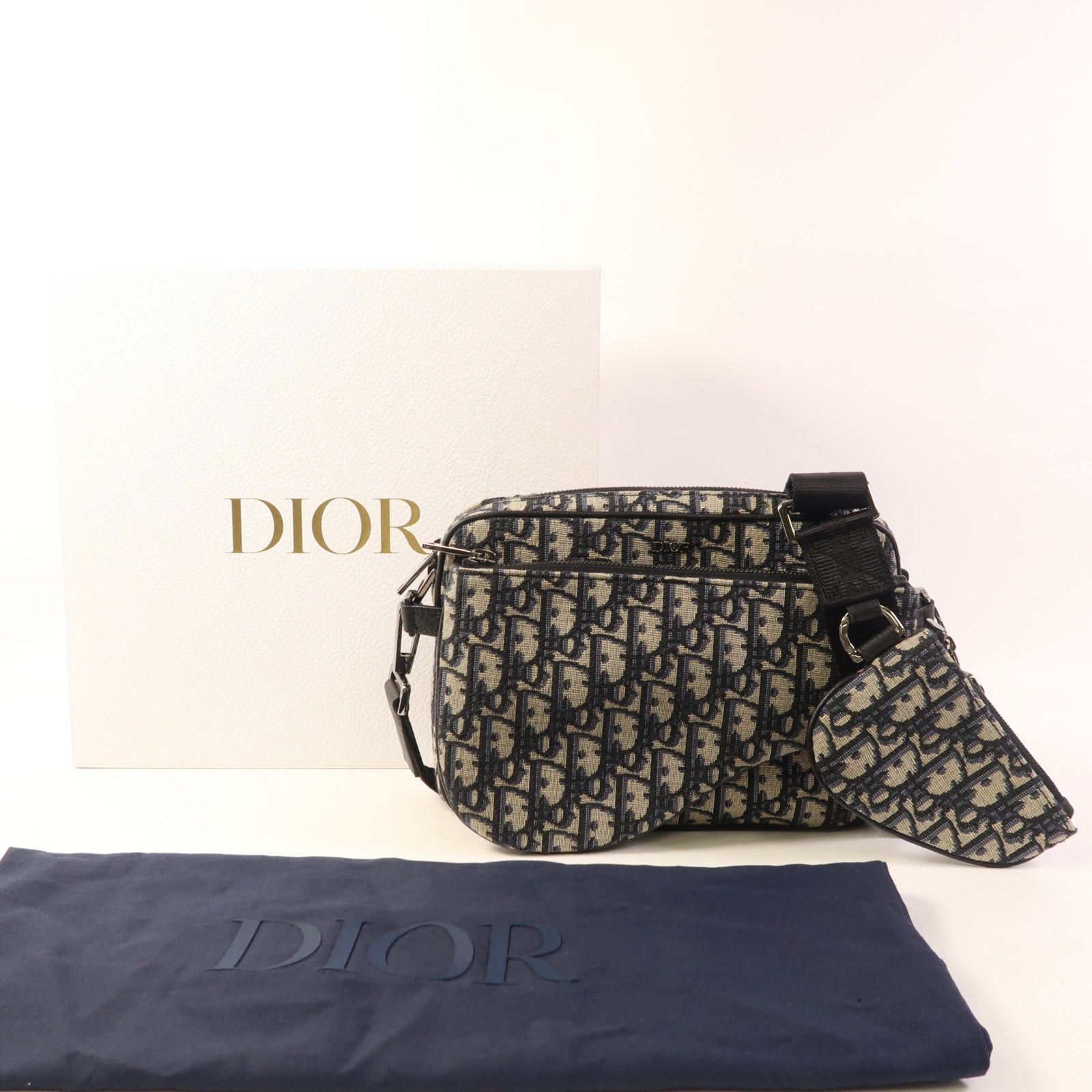 Dior 帆布Saddle Triple Pouch銀扣肩背袋