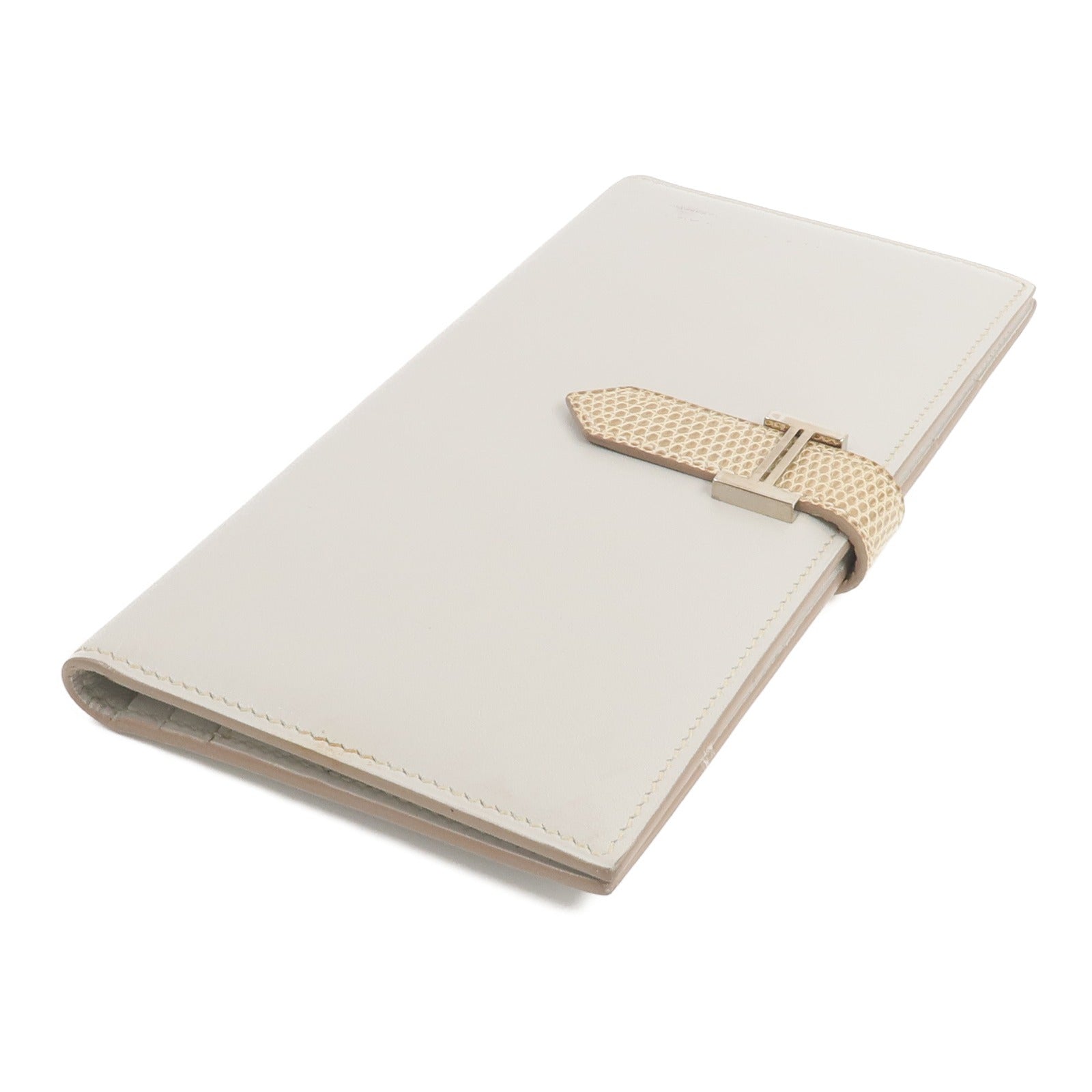 HERMES Tadelakt皮革/蜥蝪皮革Bearn Long Wallet長錢包Gris Perle