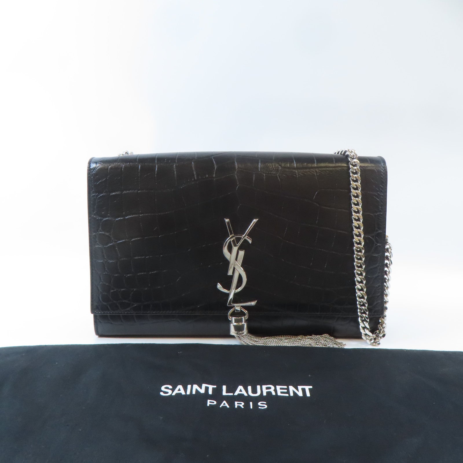 SAINT LAURENT 牛皮皮革Kate Tassel Bag銀扣鏈帶肩背袋黑色
