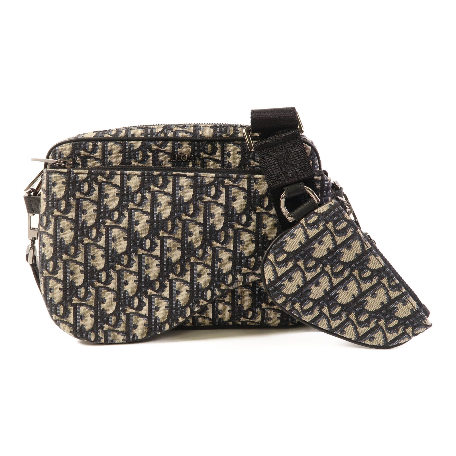 Dior 帆布Saddle Triple Pouch銀扣肩背袋