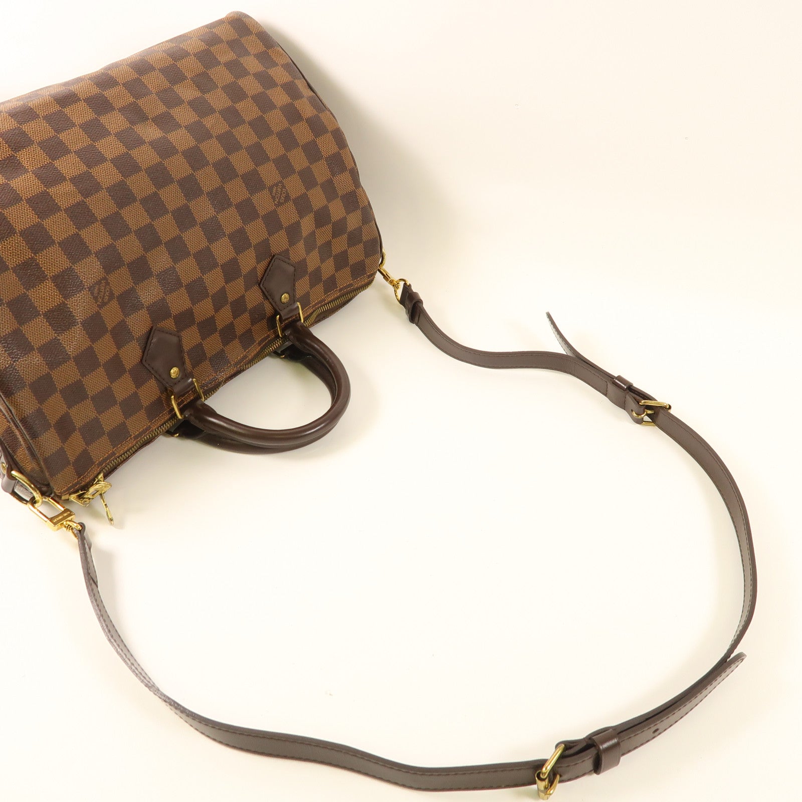 LOUIS VUITTON Damier Speedy Bandouliere 30金扣手挽肩背兩用袋棕色