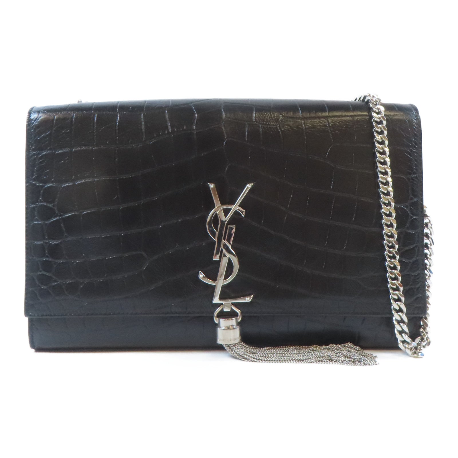 SAINT LAURENT 牛皮皮革Kate Tassel Bag銀扣鏈帶肩背袋黑色