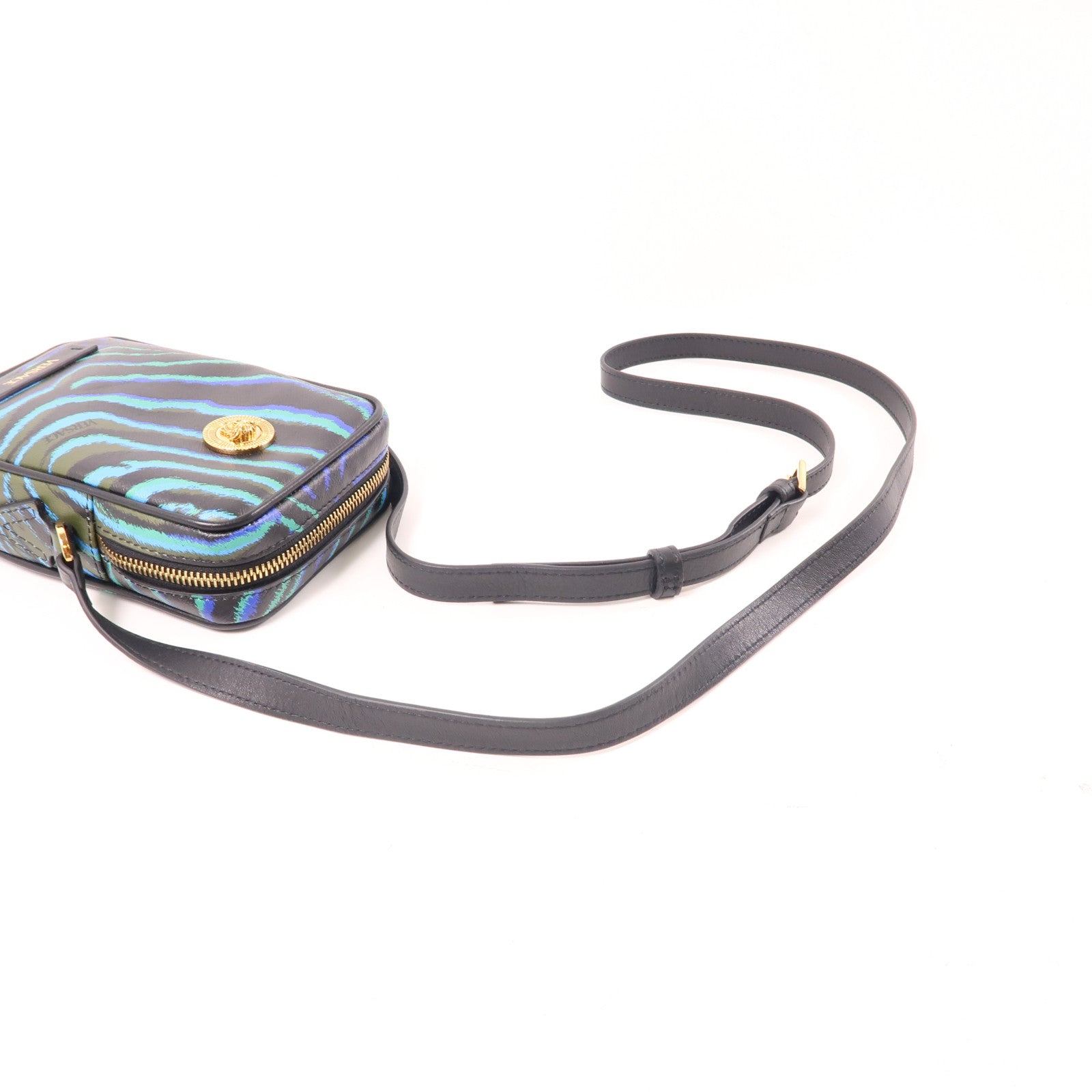 VERSACE 牛皮皮革Phone Case金扣肩背袋黑色/綠色