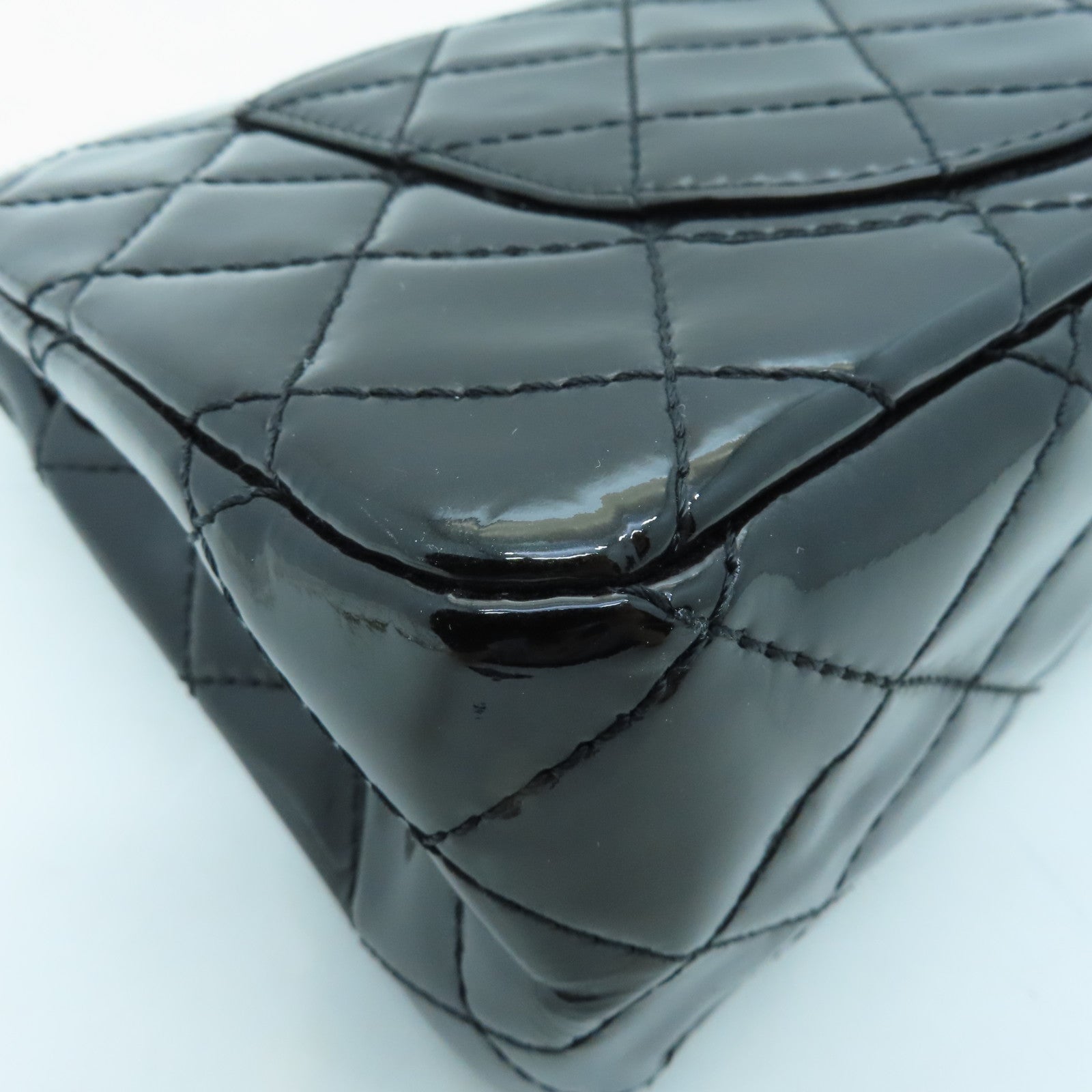 CHANEL Diamond Patent Leather 2.55 Classic Jumbo Silver Buckle Chain Shoulder Bag Black