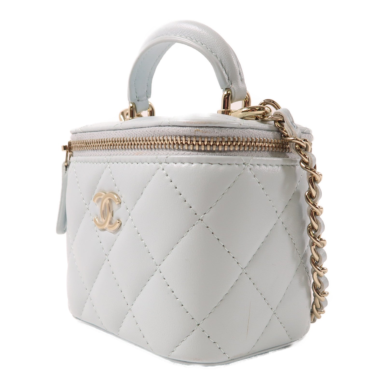 CHANEL 【激減優惠】菱格羊皮皮革Chain Shoulder金扣鏈帶手挽肩背兩用袋淺綠色