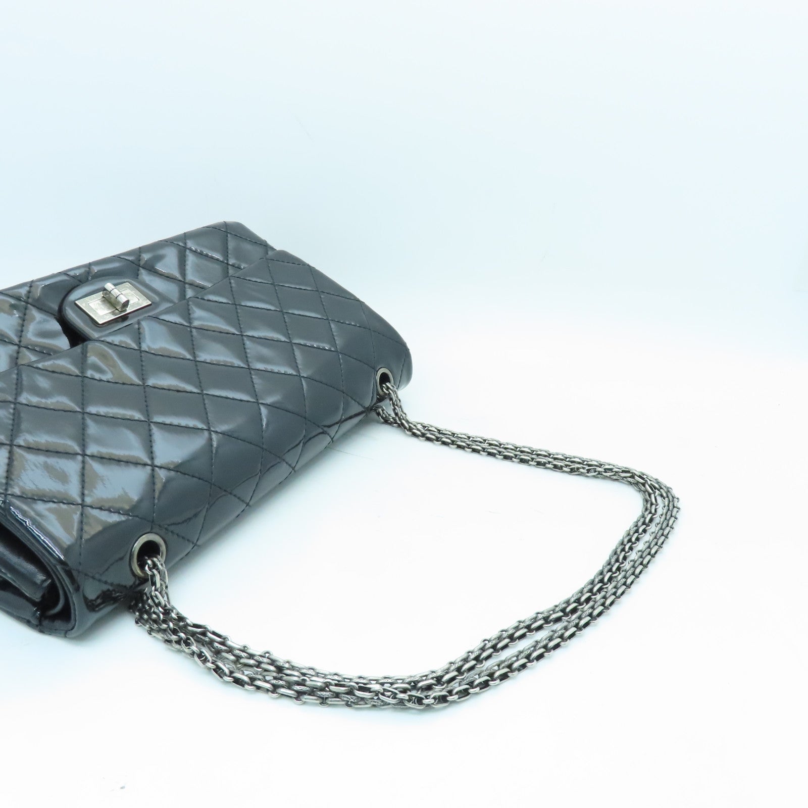 CHANEL Diamond Patent Leather 2.55 Classic Jumbo Silver Buckle Chain Shoulder Bag Black