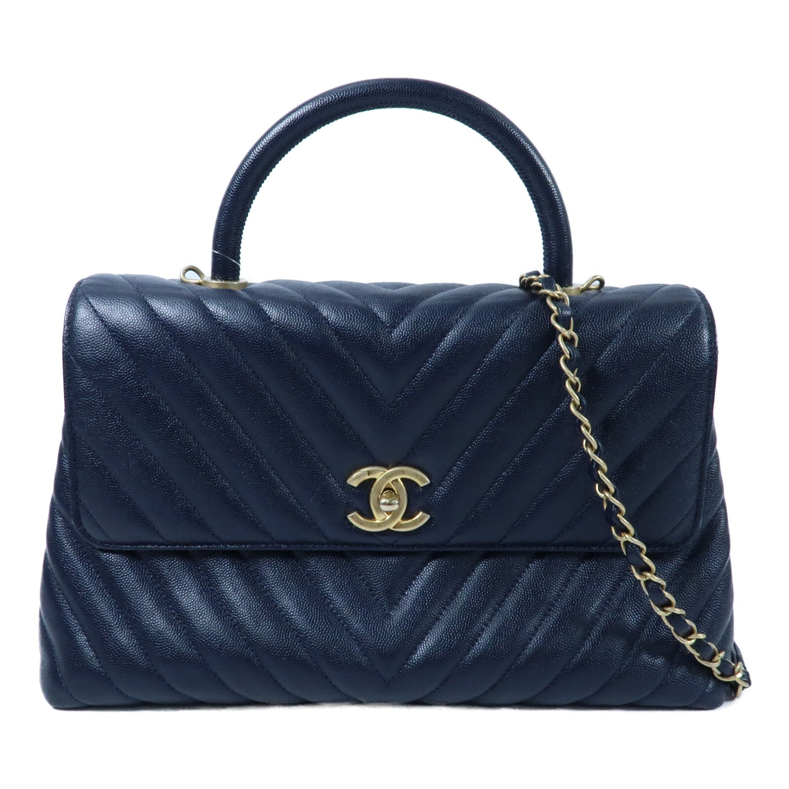 CHANEL 牛皮皮革Coco Handle Small金扣鏈帶手挽肩背兩用袋