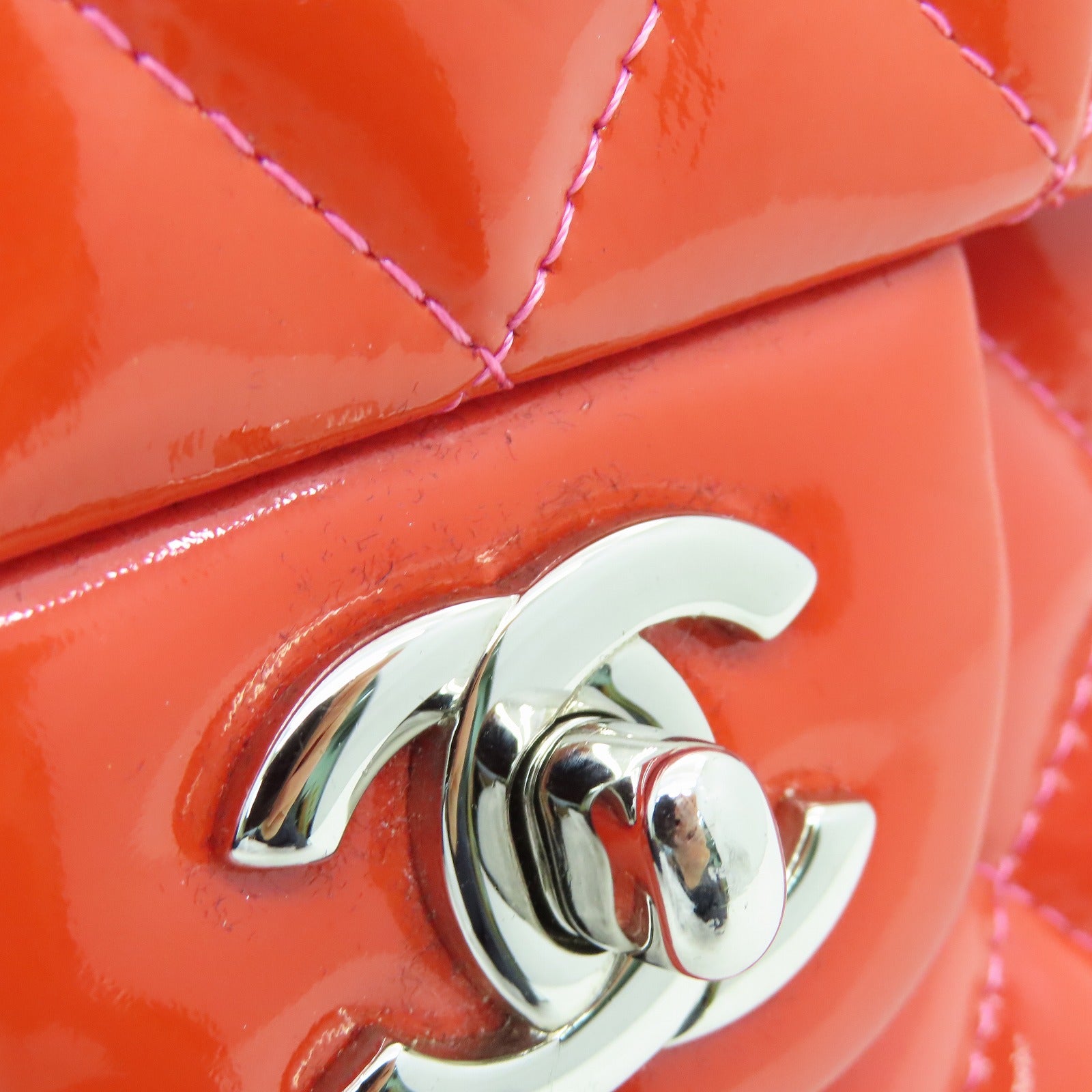 CHANEL 【激減優惠】菱格漆皮皮革Chain Shoulder Bag銀扣鏈帶肩背袋紅色