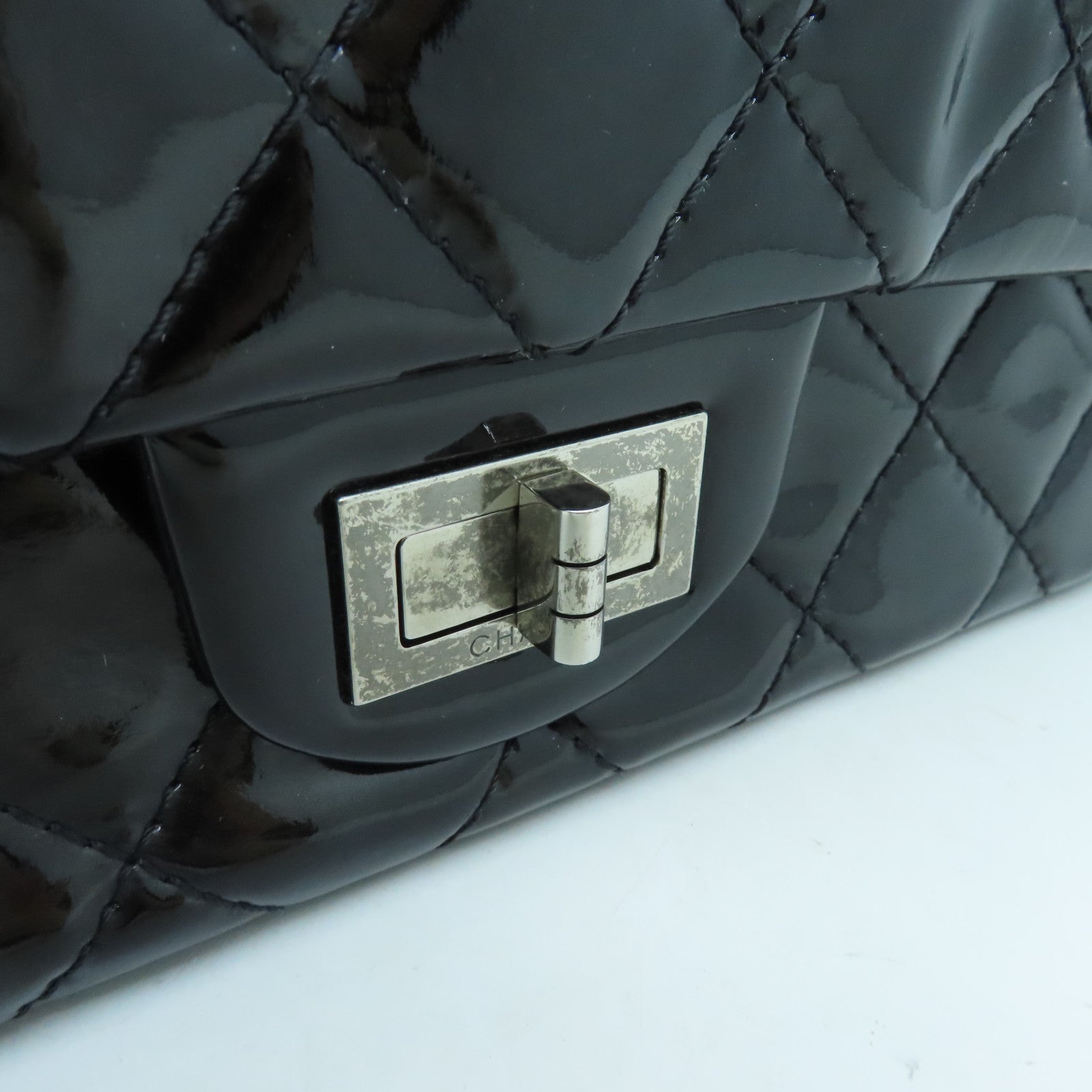 CHANEL Diamond Patent Leather 2.55 Classic Jumbo Silver Buckle Chain Shoulder Bag Black