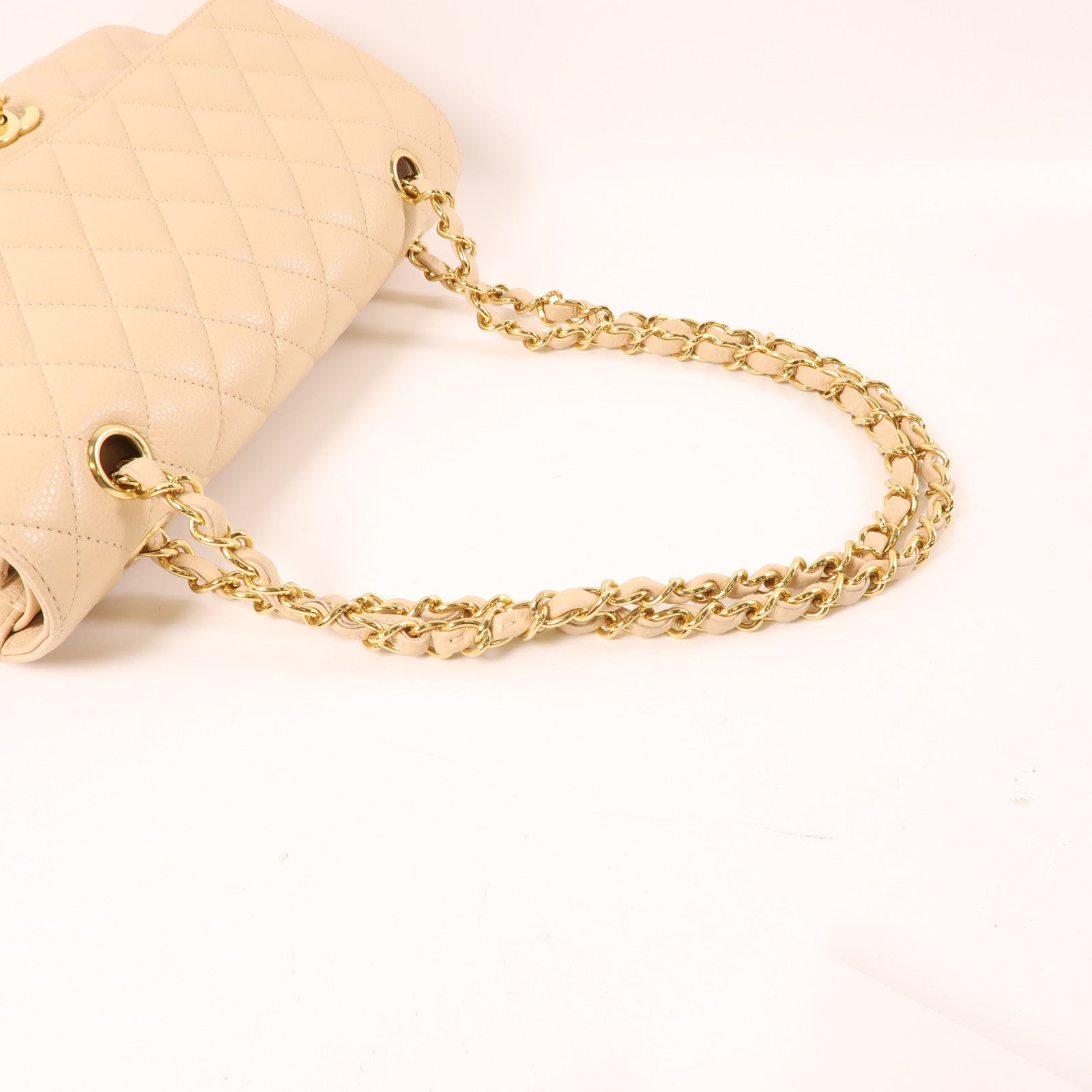 CHANEL 牛皮皮革Classic 25金扣肩背袋米色