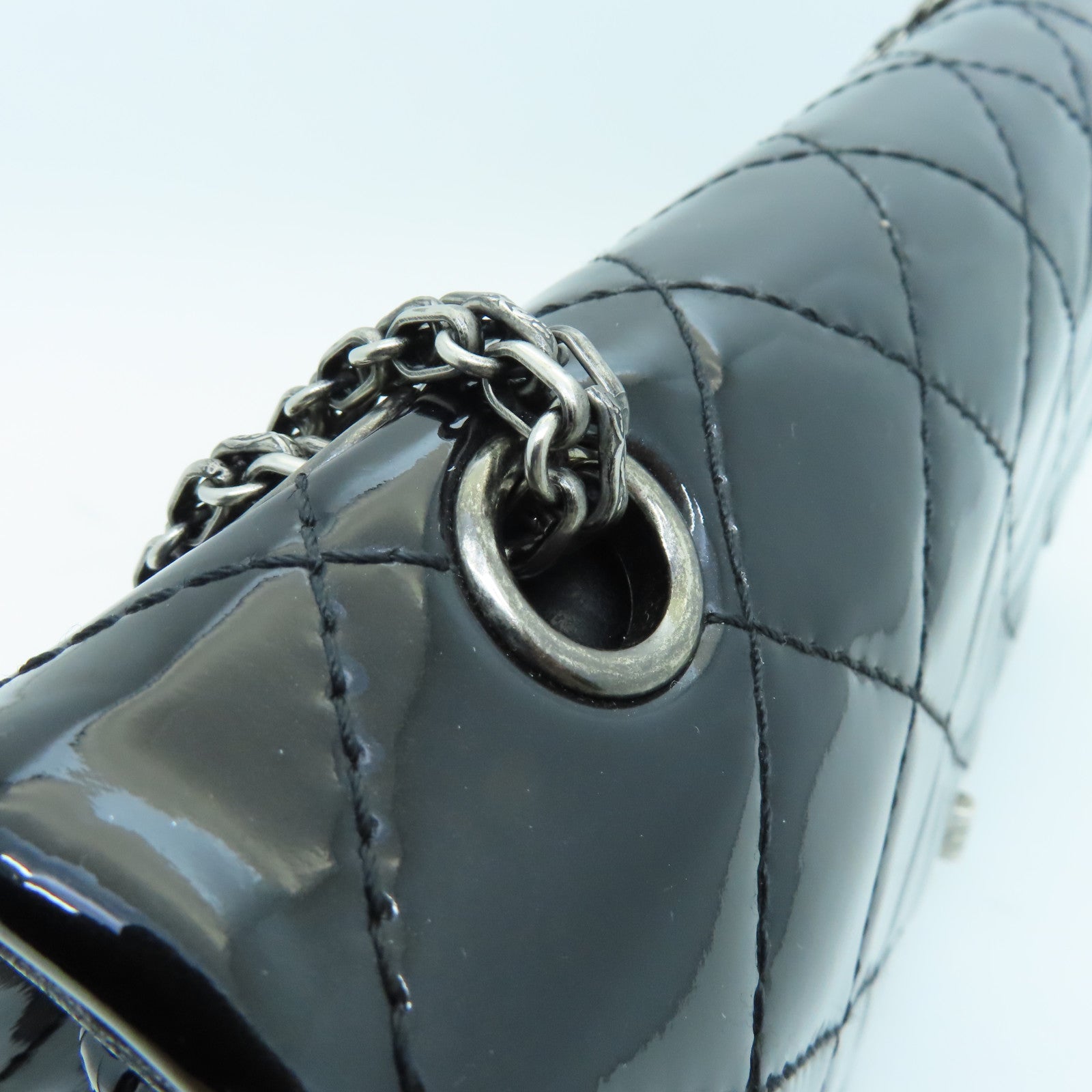 CHANEL Diamond Patent Leather 2.55 Classic Jumbo Silver Buckle Chain Shoulder Bag Black