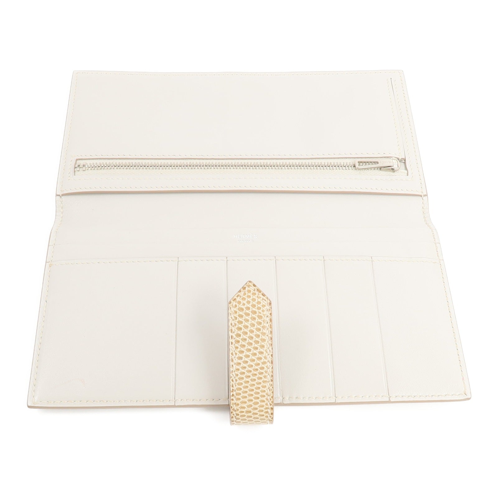 HERMES Tadelakt皮革/蜥蝪皮革Bearn Long Wallet長錢包Gris Perle