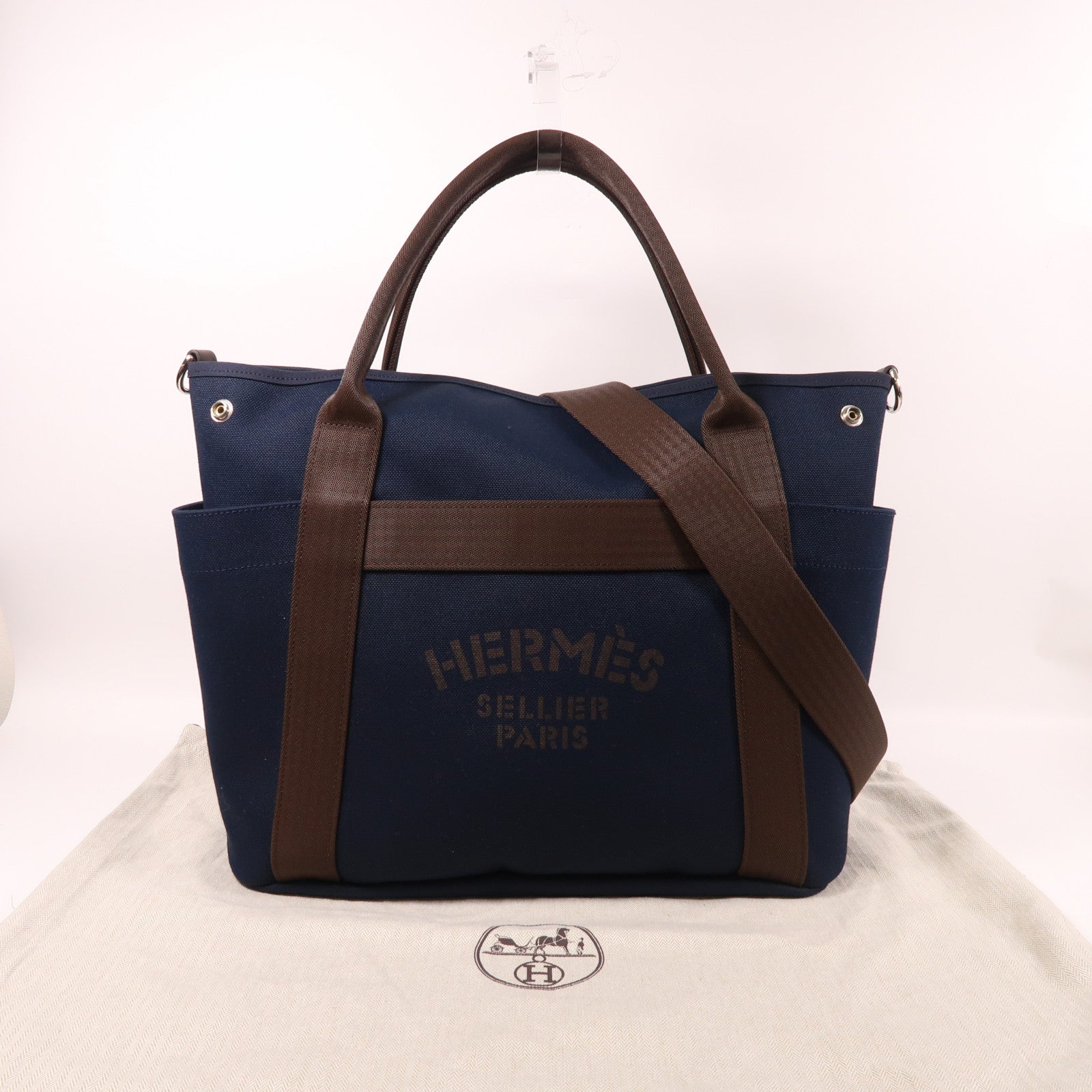 HERMES 帆布Grooming Bag銀扣手挽肩背兩用袋藍色
