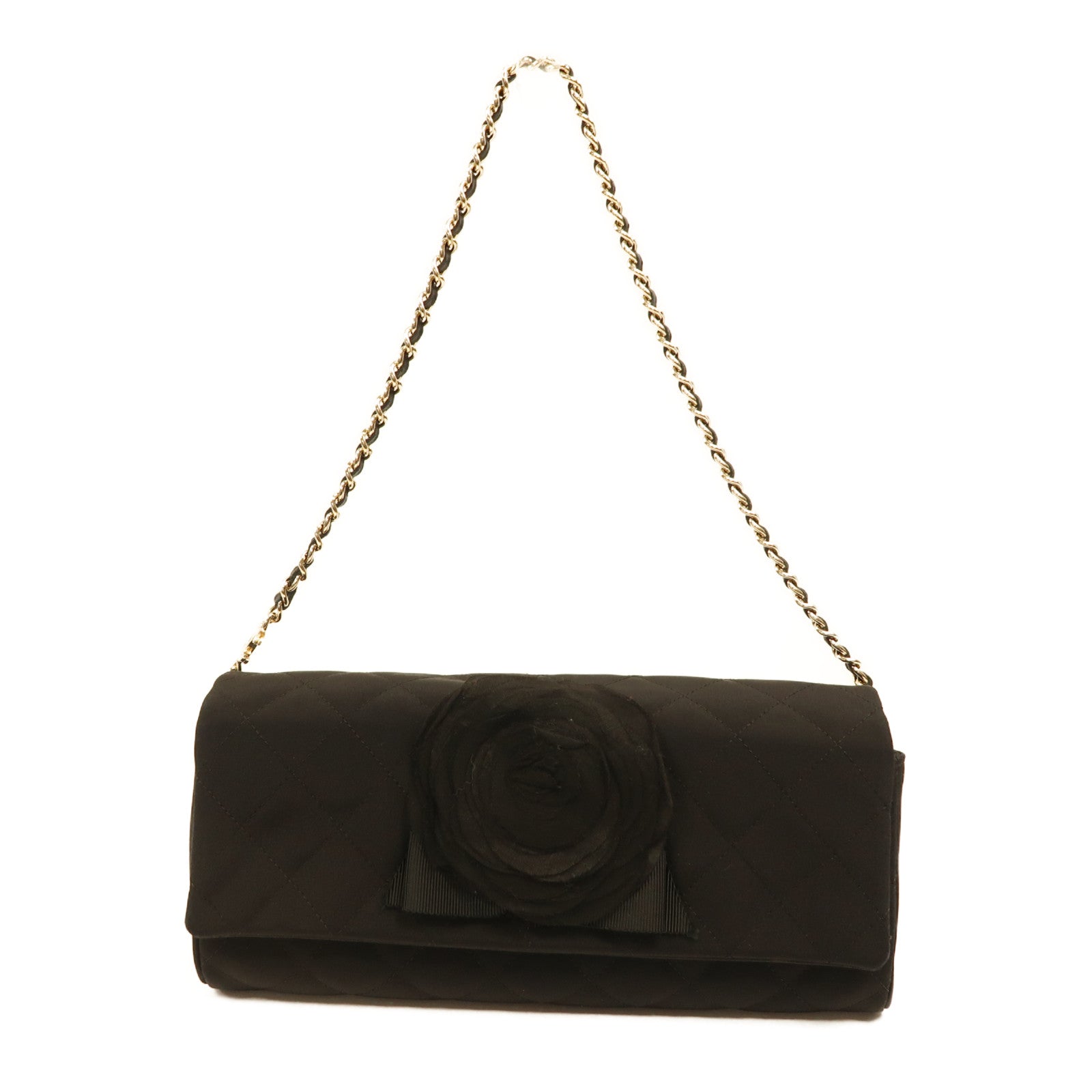 CHANEL 絲質Chain Shoulder金扣鏈帶肩背袋黑色
