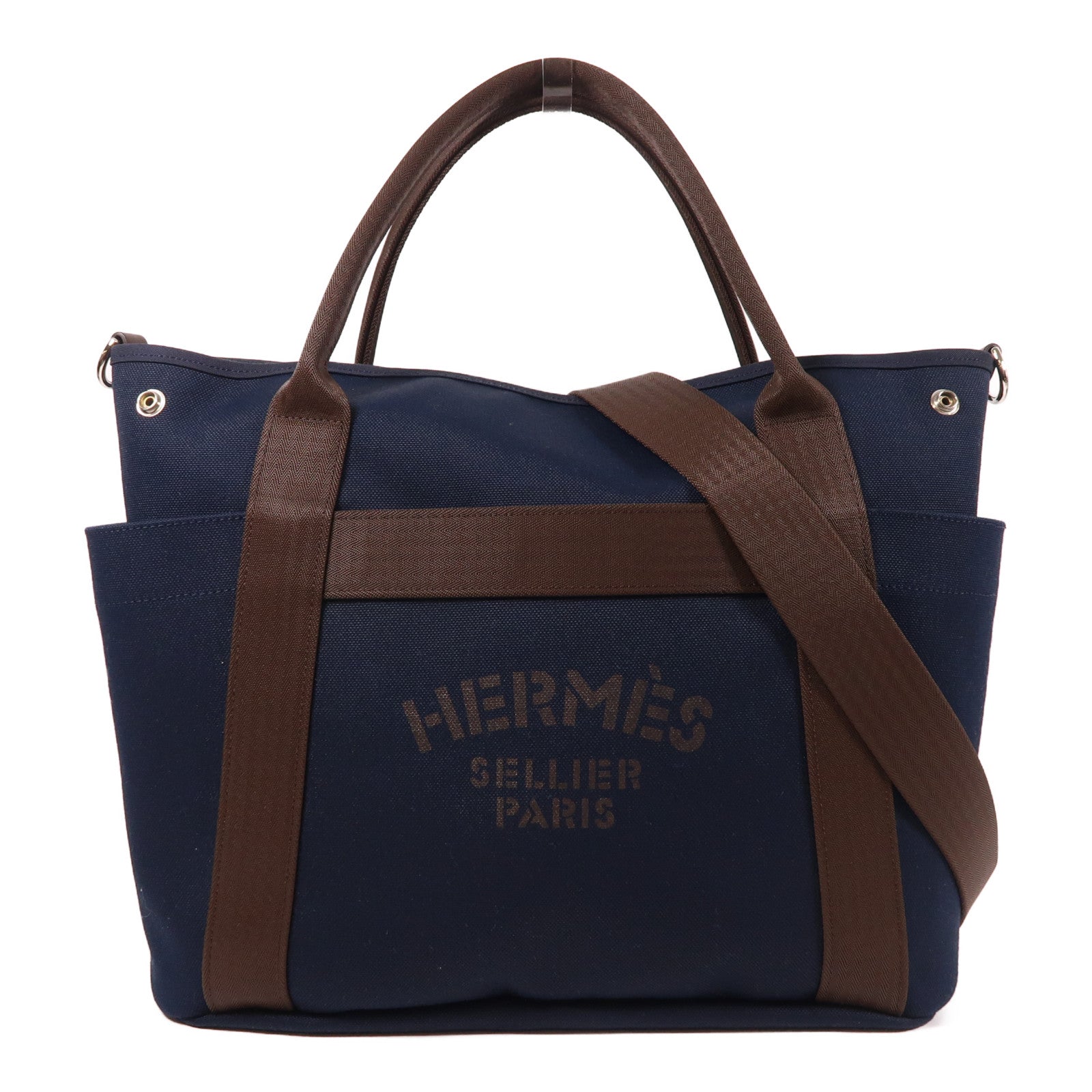 HERMES 帆布Grooming Bag銀扣手挽肩背兩用袋藍色