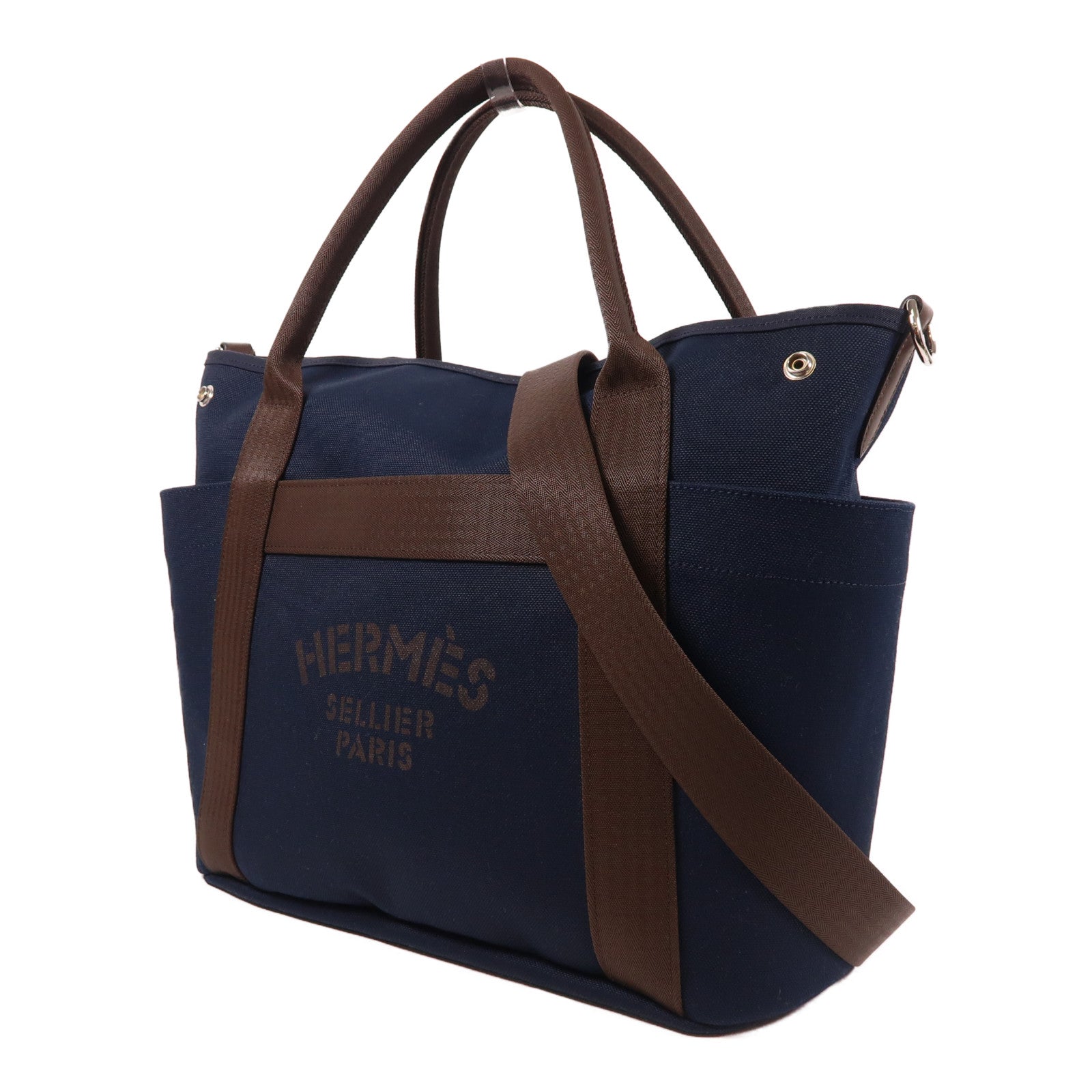 HERMES 帆布Grooming Bag銀扣手挽肩背兩用袋藍色