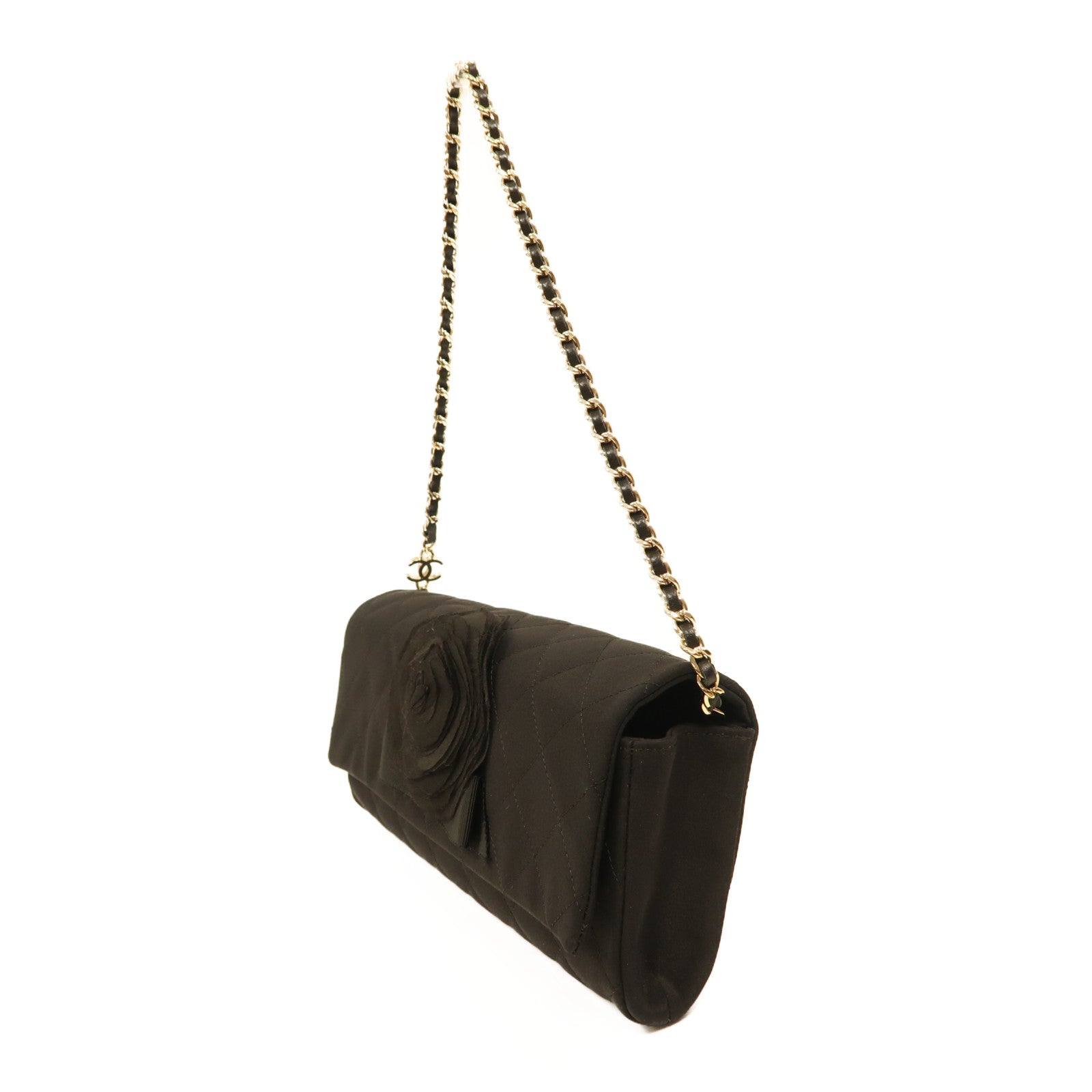 CHANEL 絲質Chain Shoulder金扣鏈帶肩背袋黑色