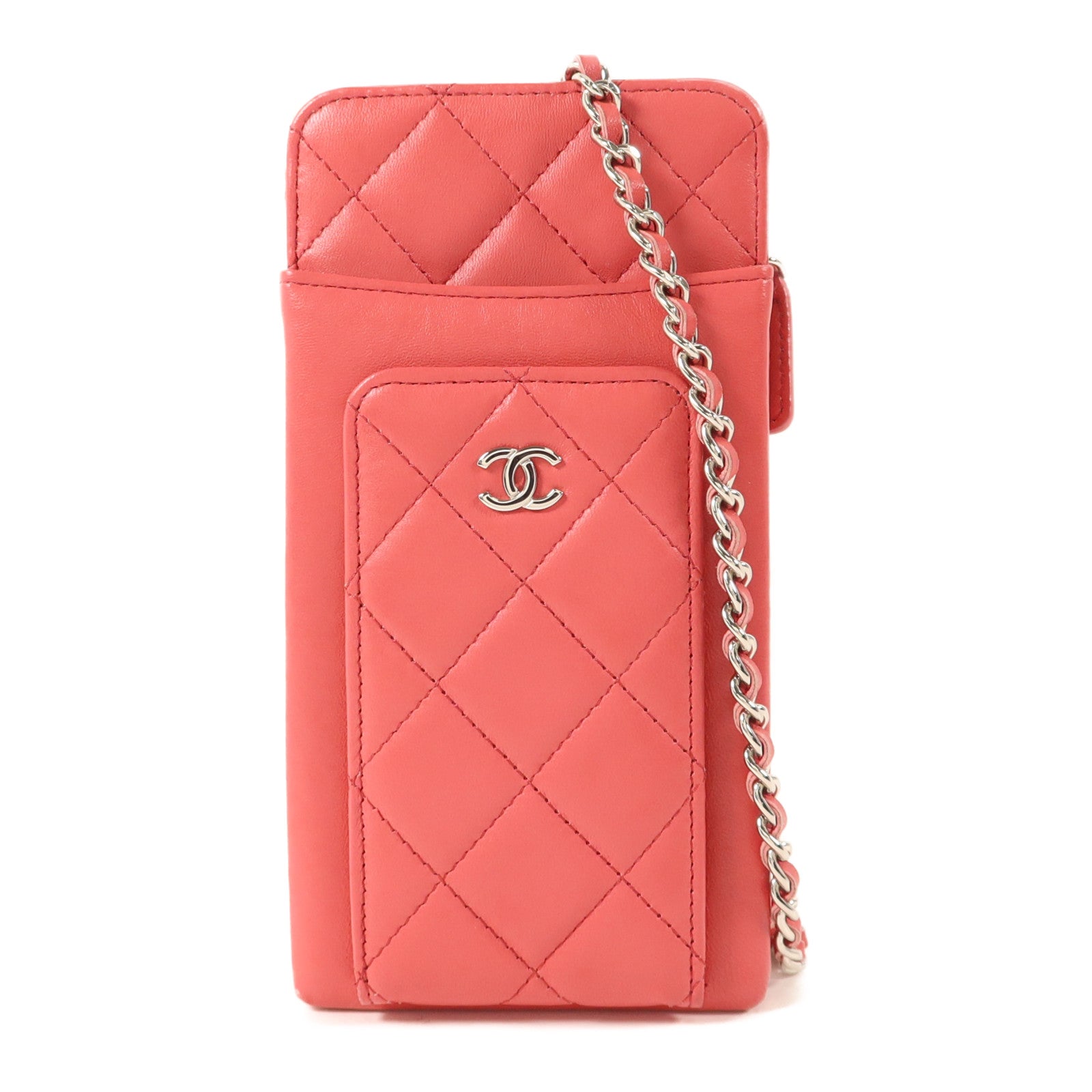 CHANEL 羊皮皮革Phone Holder Chain Shoulder銀扣鏈帶肩背袋