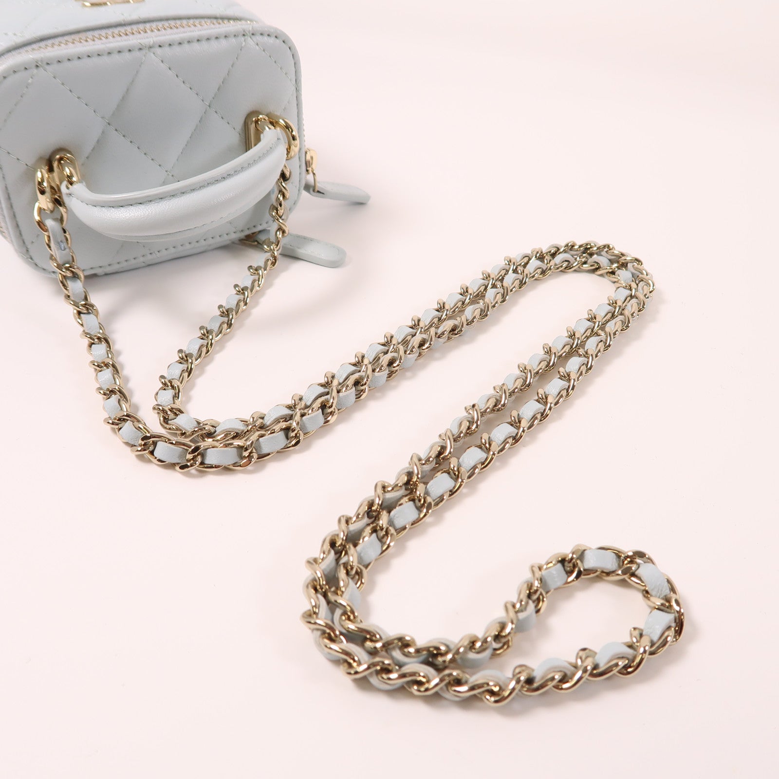 CHANEL 【激減優惠】菱格羊皮皮革Chain Shoulder金扣鏈帶手挽肩背兩用袋淺綠色