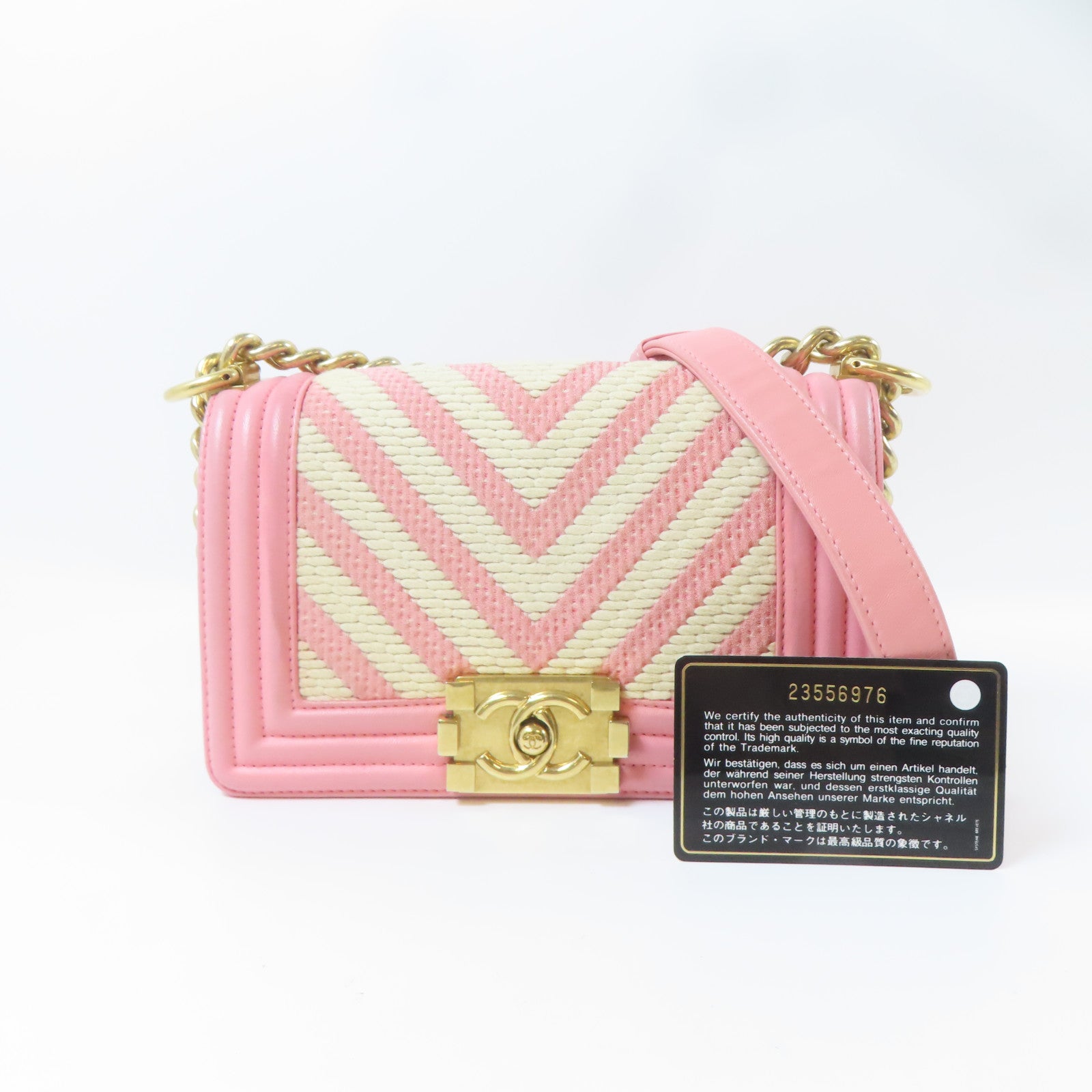 CHANEL 【激減優惠】羊皮皮革/帆布Boy Chanel金扣鏈帶肩背袋粉紅色/白色