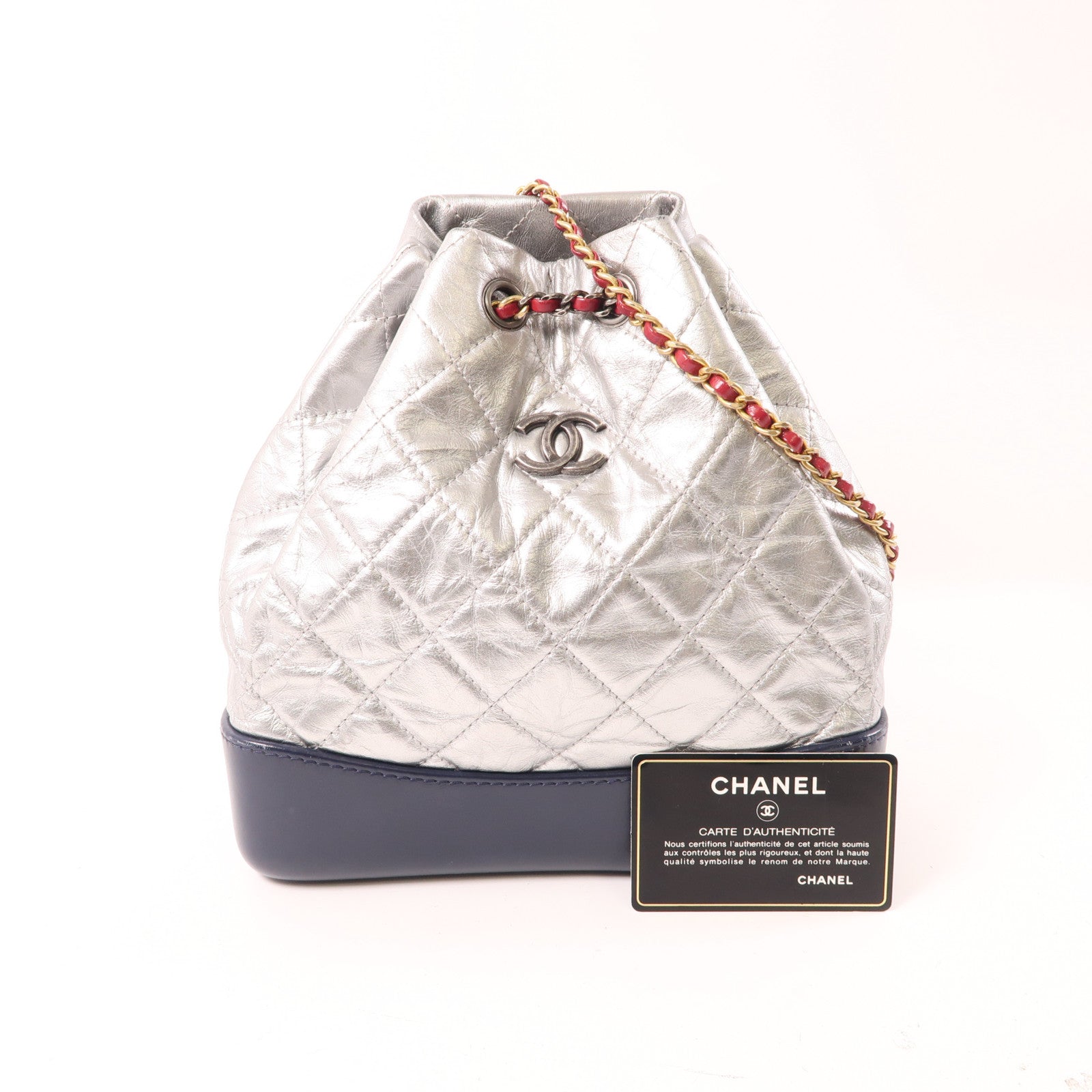 CHANEL 菱格牛皮皮革Gabrielle Backpack銀扣背包銀色