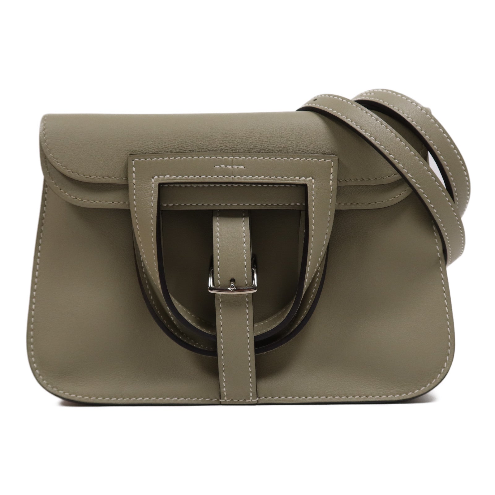 HERMES Swift皮革Mini Halzan銀扣手挽肩背兩用袋Sauge