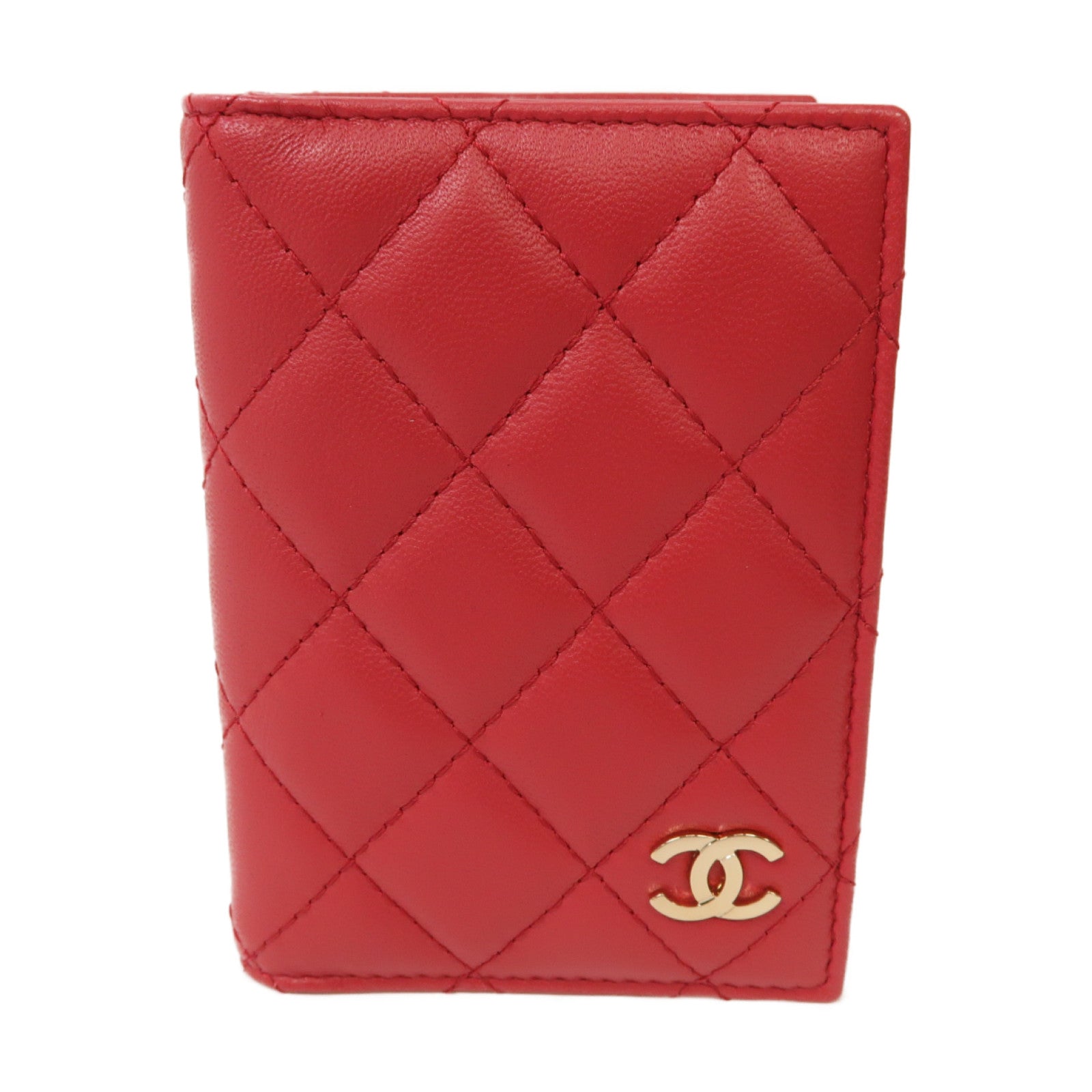 CHANEL 菱格羊皮皮革Card Case金扣卡片套紅色