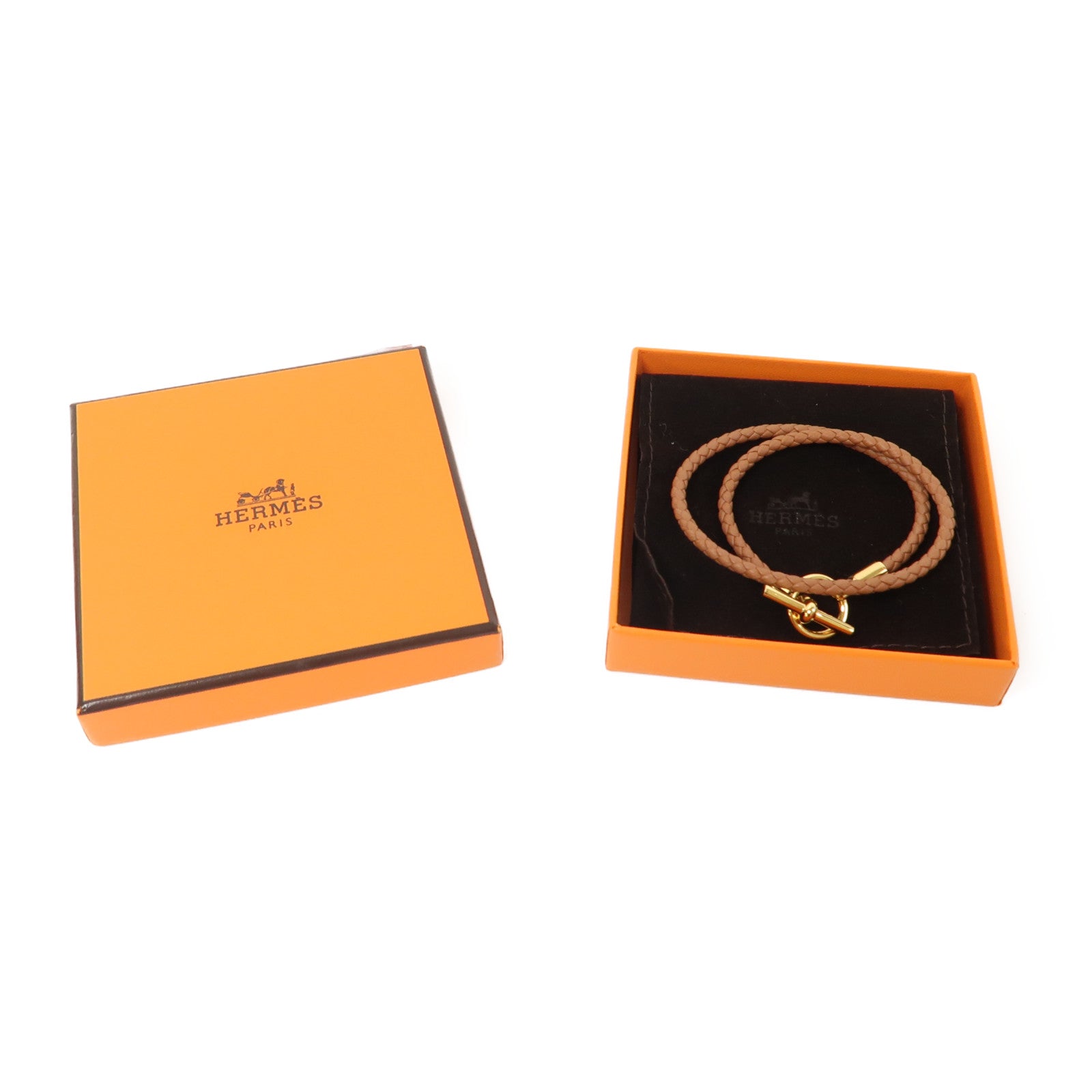 HERMES 牛皮皮革Glenan Double Tour Bracelet金扣手鏈啡色