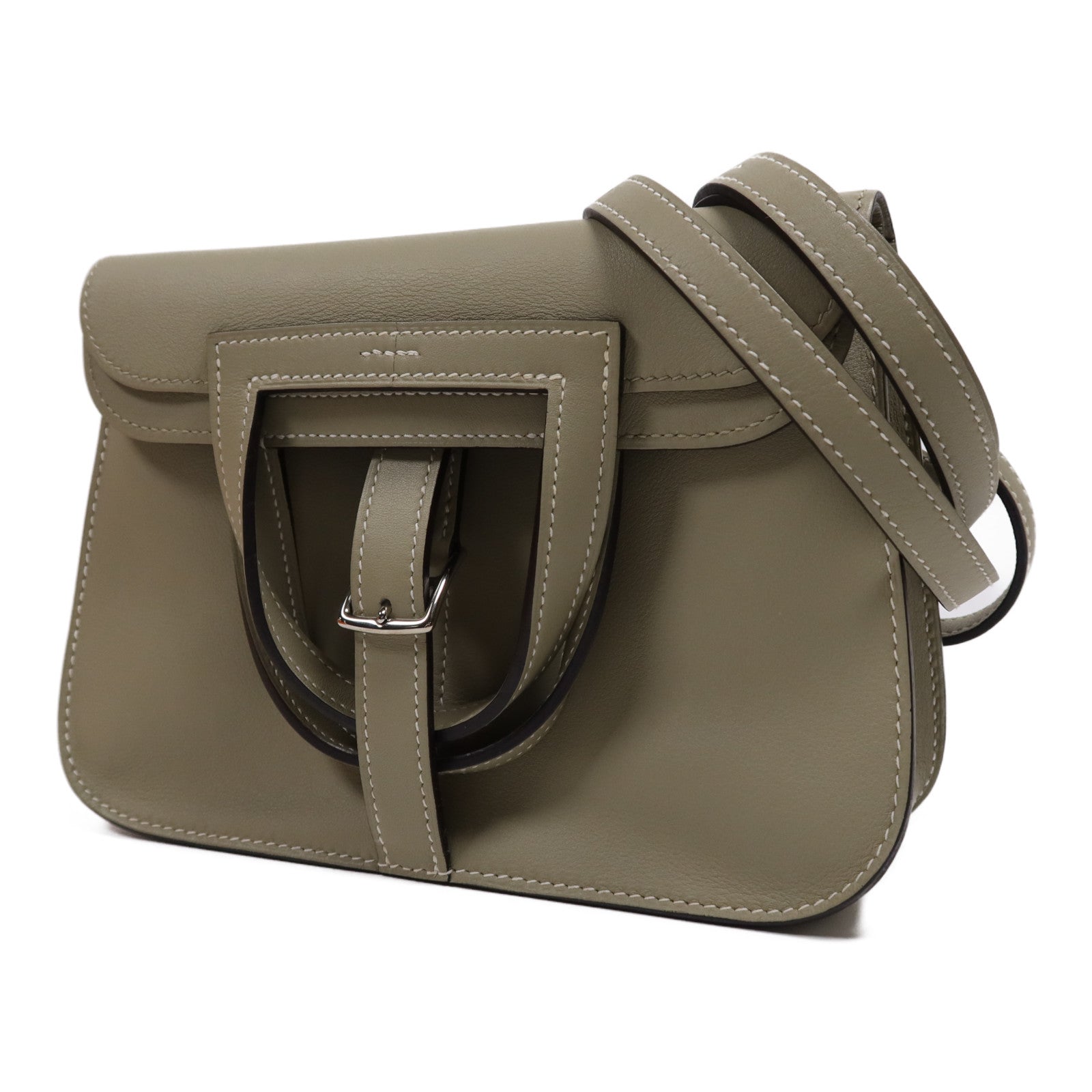HERMES Swift皮革Mini Halzan銀扣手挽肩背兩用袋Sauge