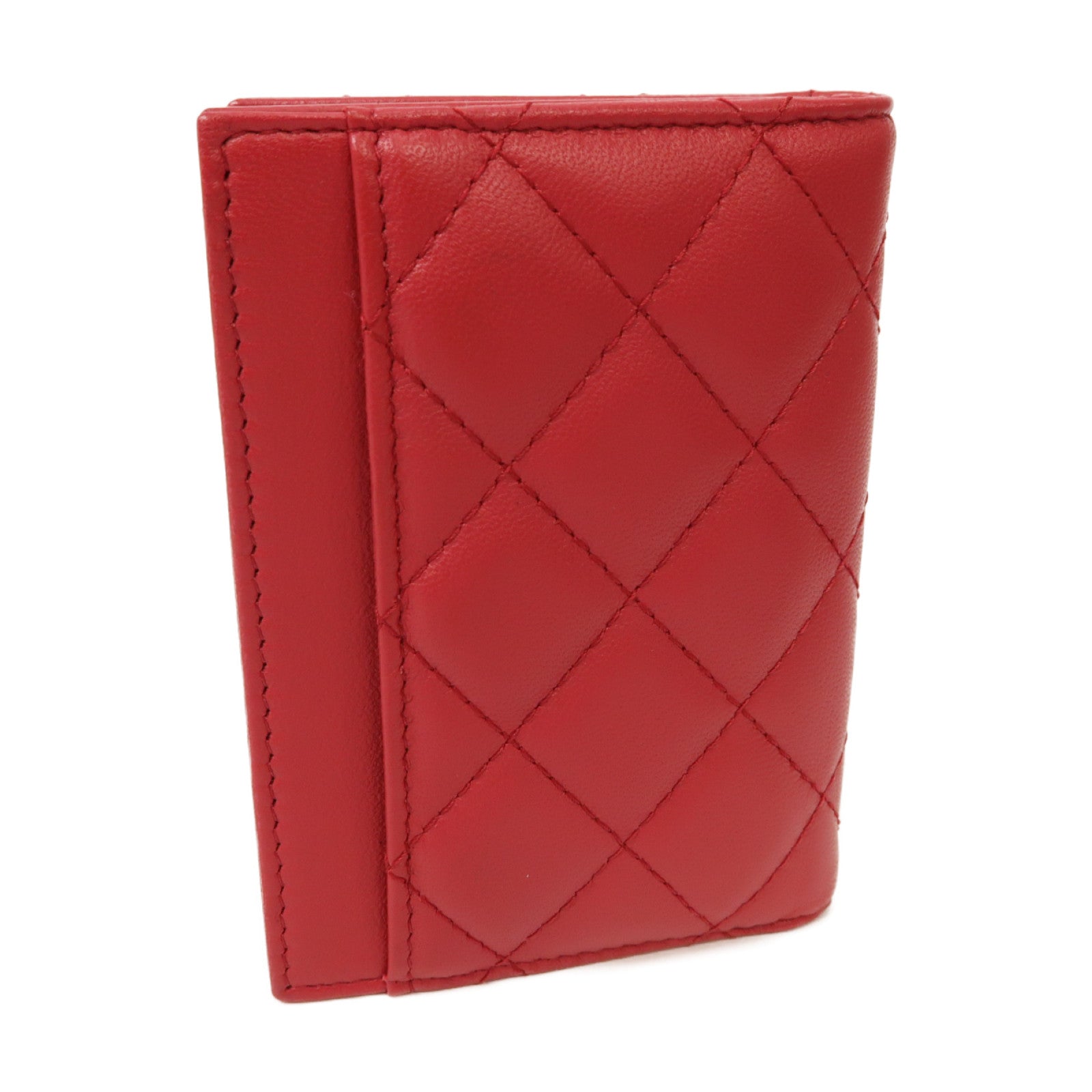 CHANEL 菱格羊皮皮革Card Case金扣卡片套紅色