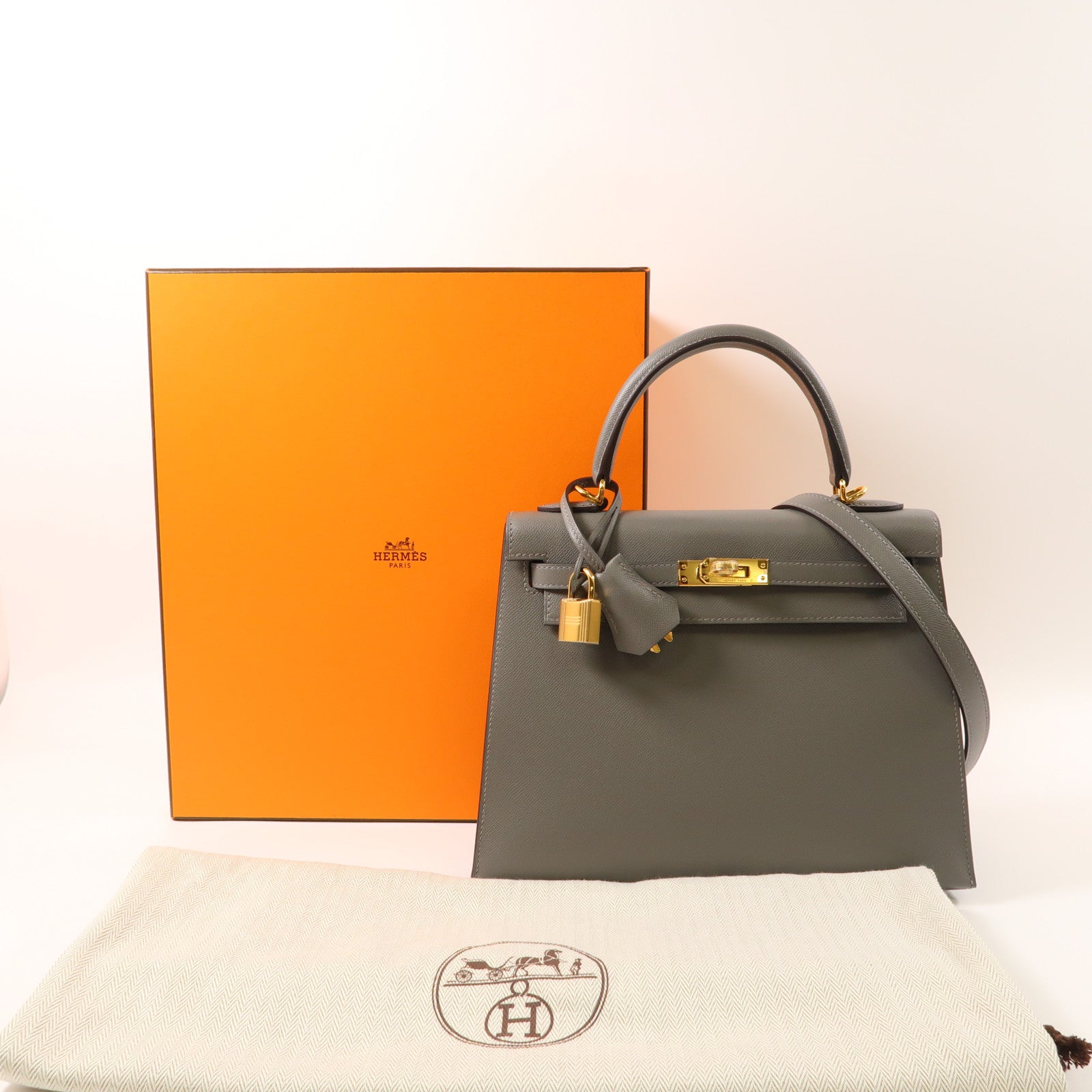 HERMES Madame皮革Kelly 25金扣手挽肩背兩用袋灰色