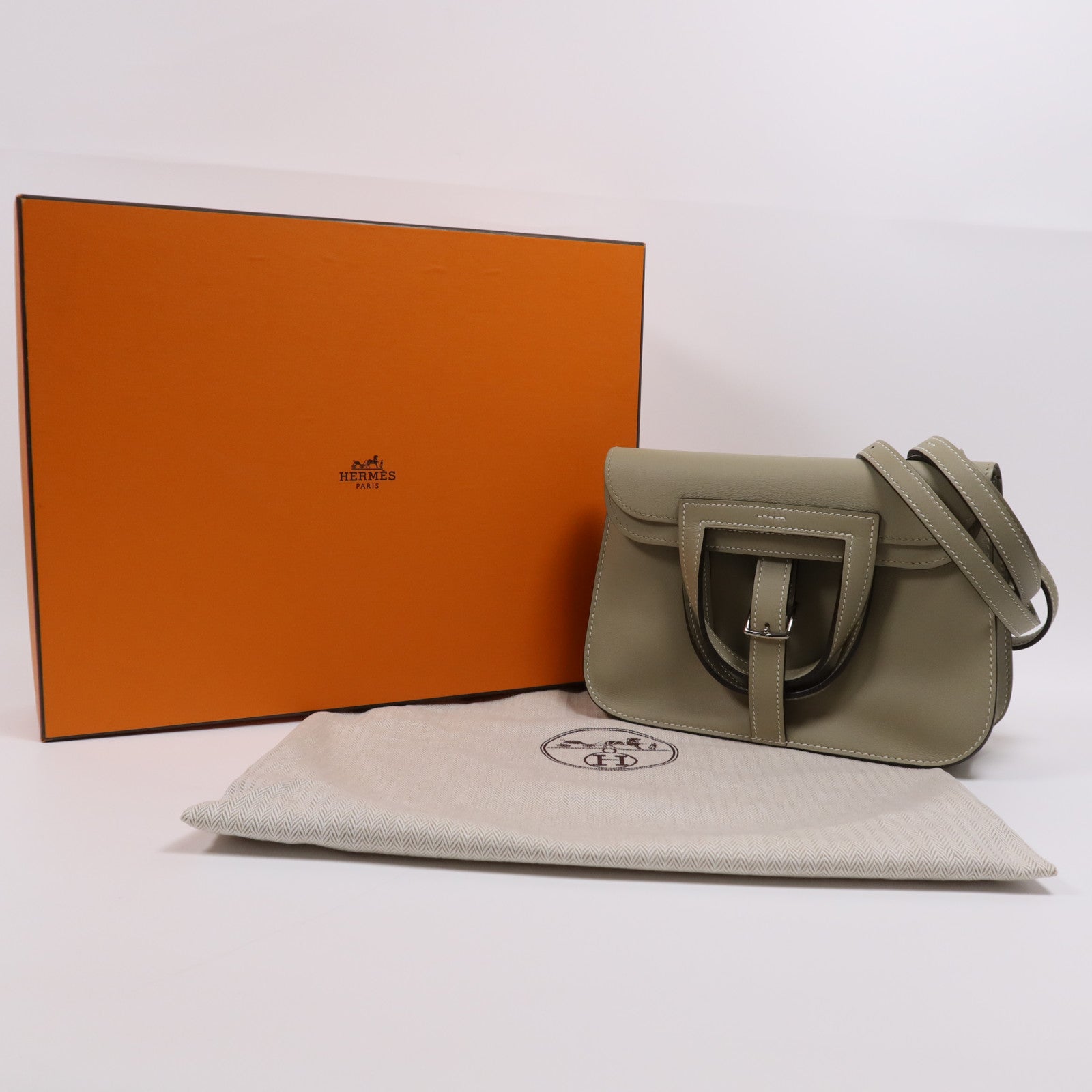 HERMES Swift皮革Mini Halzan銀扣手挽肩背兩用袋Sauge