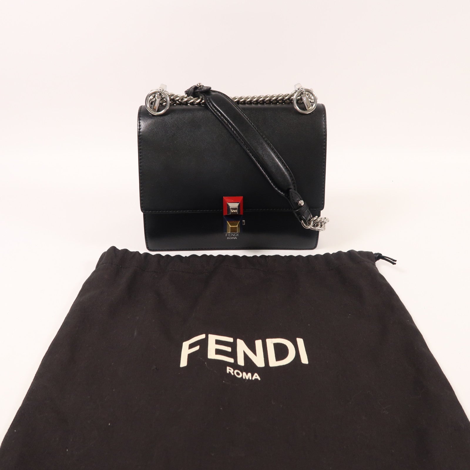 FENDI 牛皮皮革Chain Shoulder銀扣鏈帶肩背袋