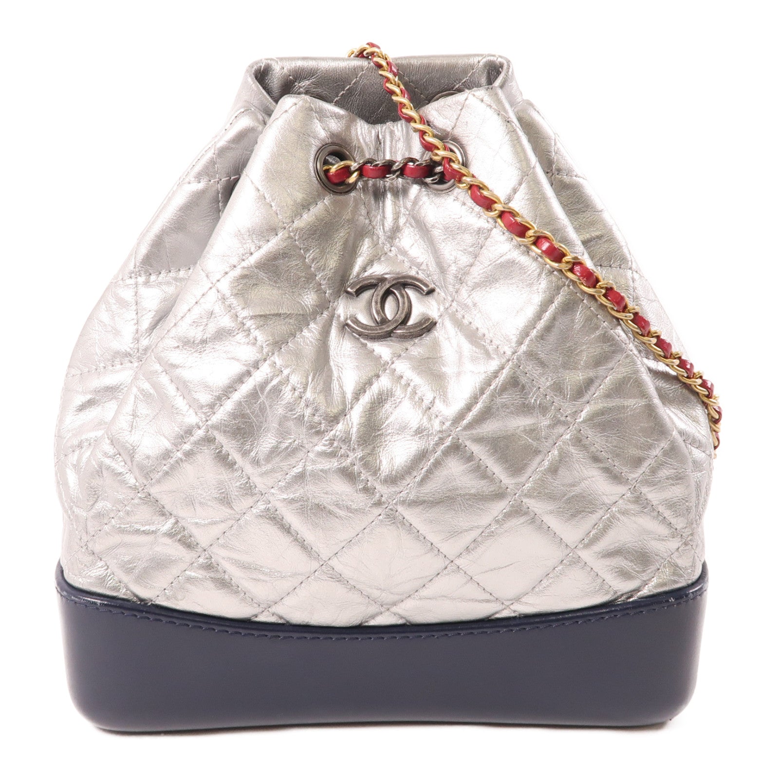 CHANEL 菱格牛皮皮革Gabrielle Backpack銀扣背包銀色