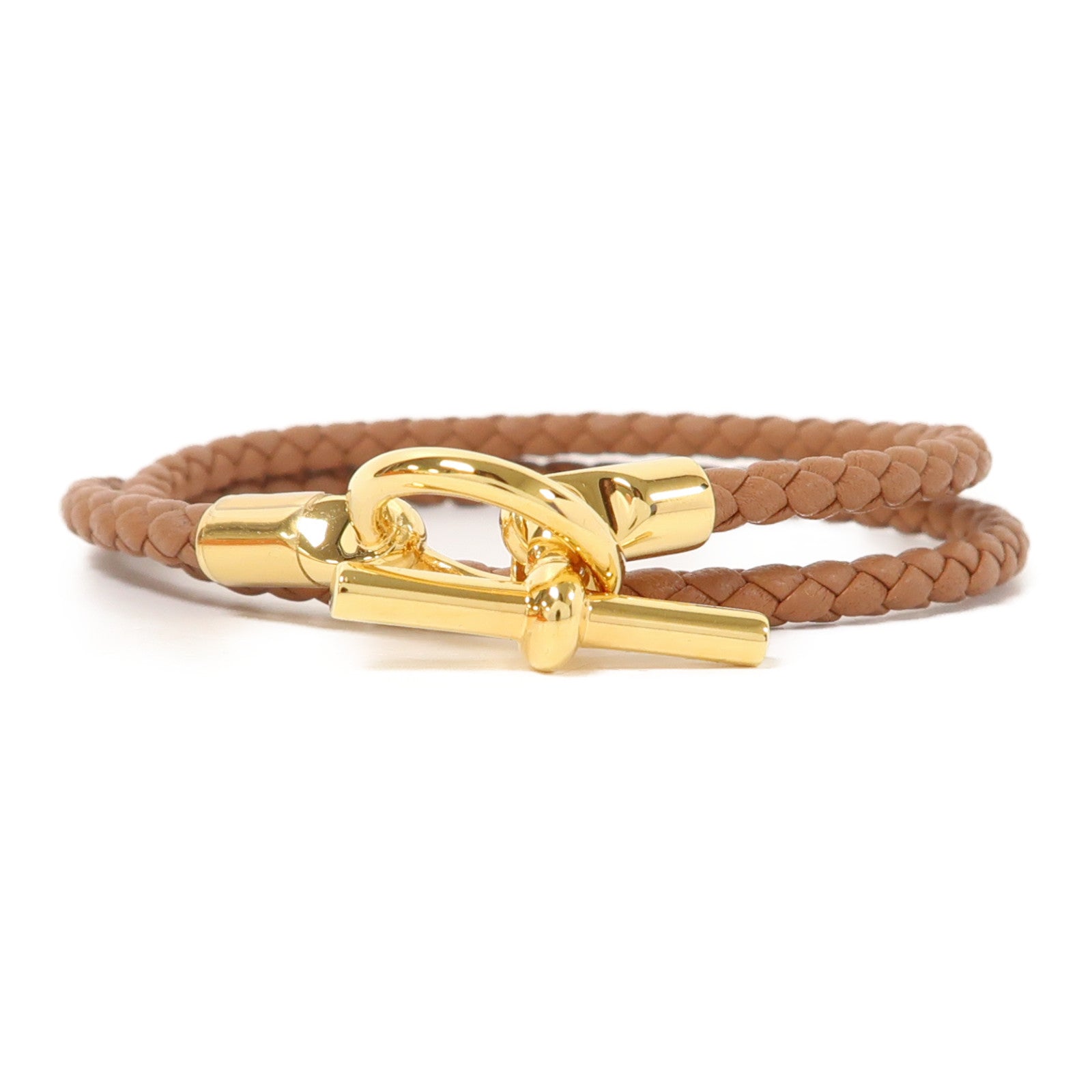 HERMES 牛皮皮革Glenan Double Tour Bracelet金扣手鏈啡色