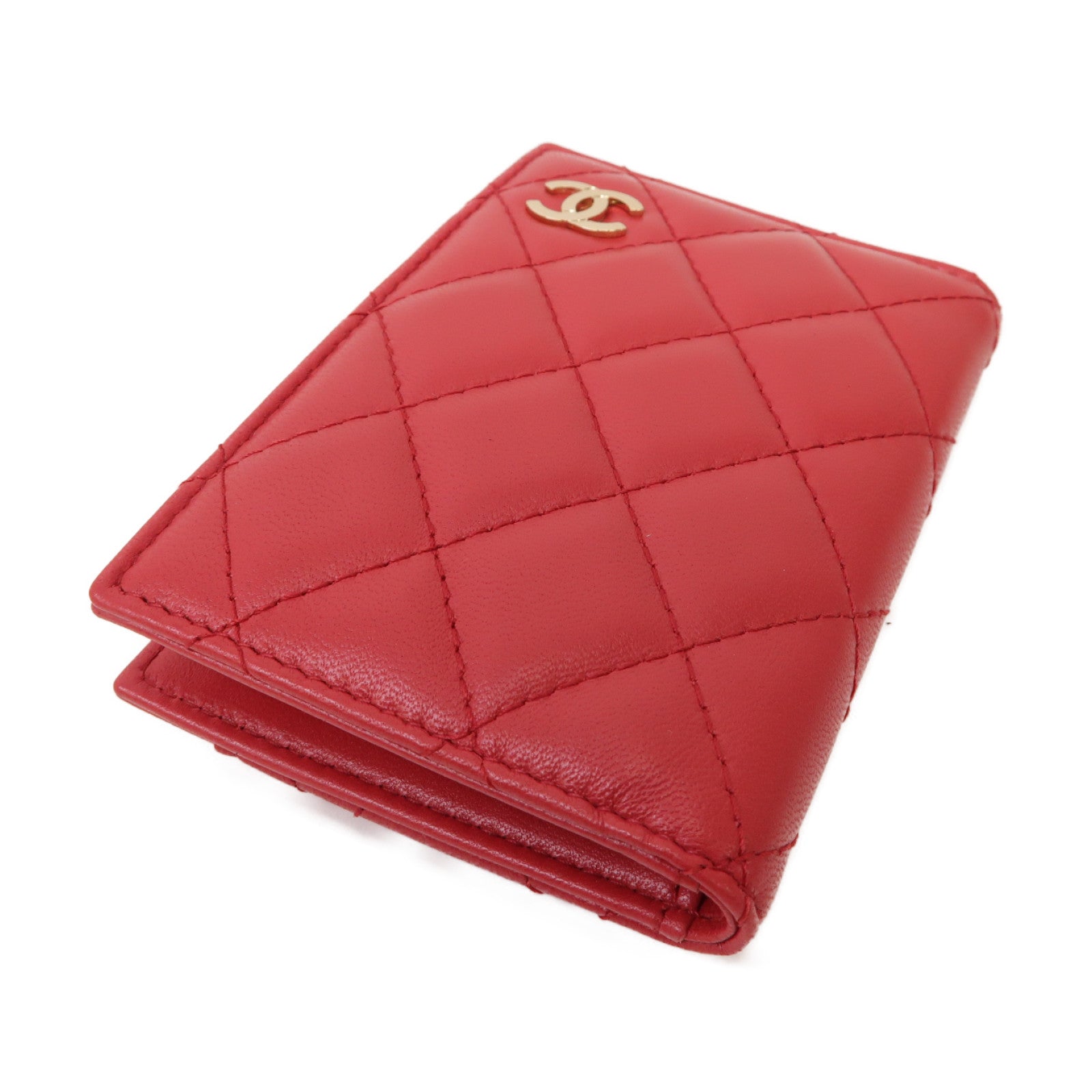 CHANEL 菱格羊皮皮革Card Case金扣卡片套紅色