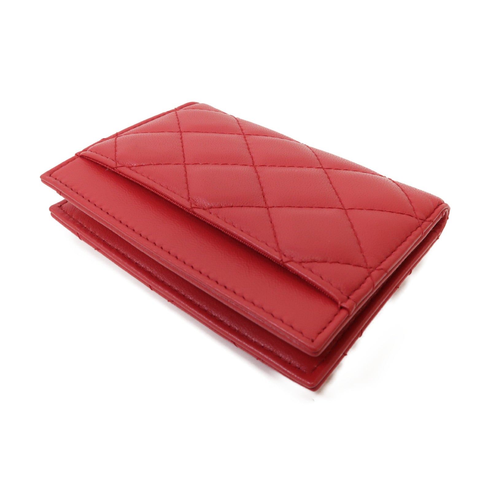 CHANEL 菱格羊皮皮革Card Case金扣卡片套紅色