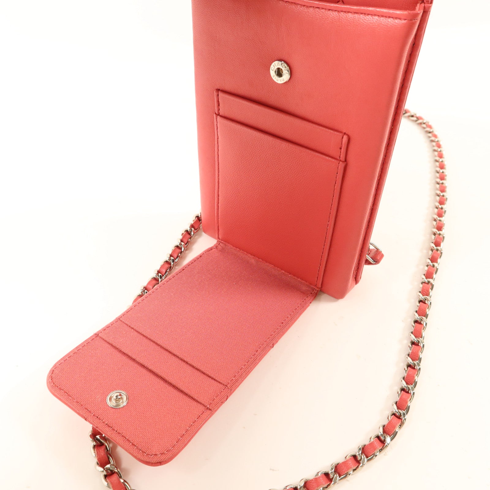CHANEL 羊皮皮革Phone Holder Chain Shoulder銀扣鏈帶肩背袋