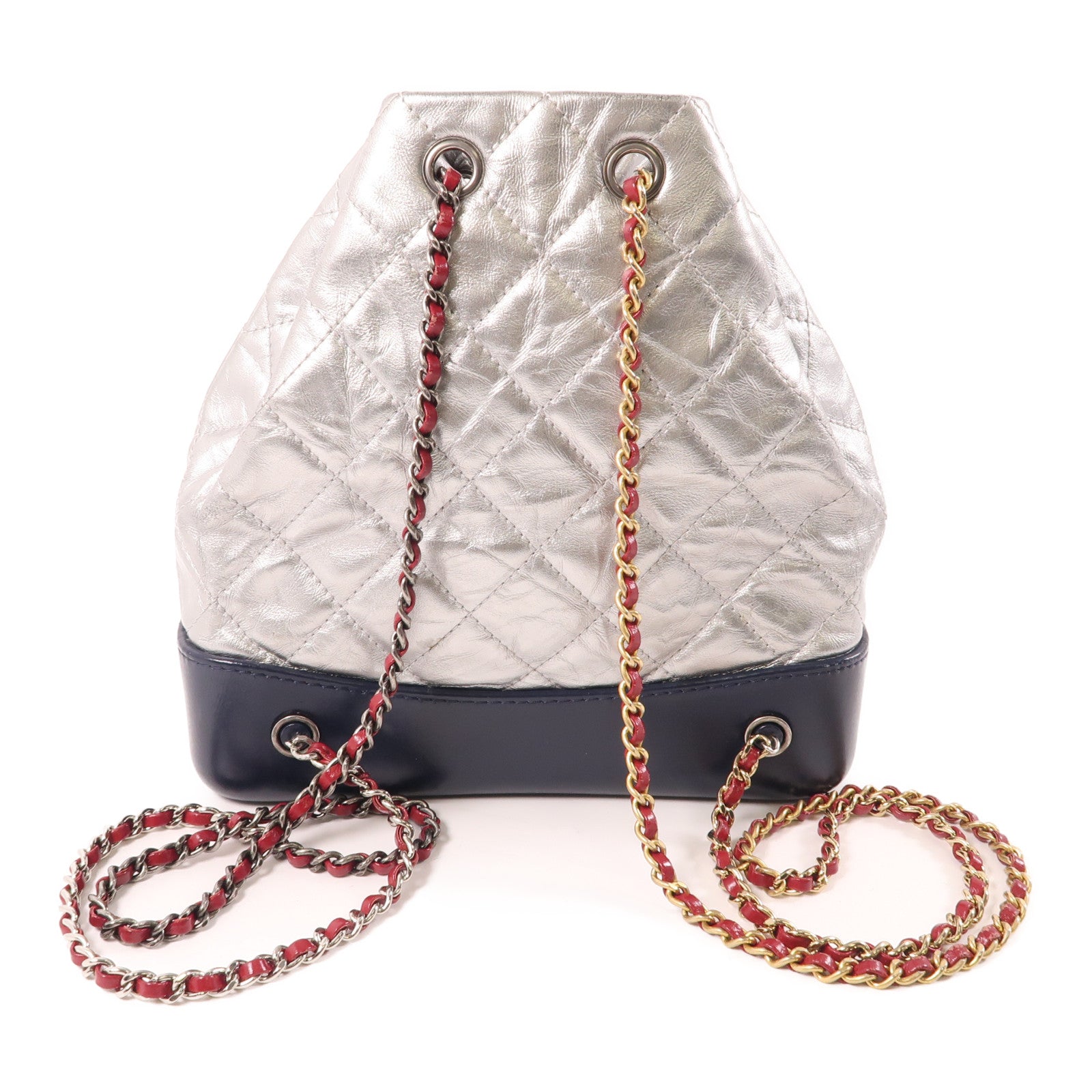 CHANEL 菱格牛皮皮革Gabrielle Backpack銀扣背包銀色