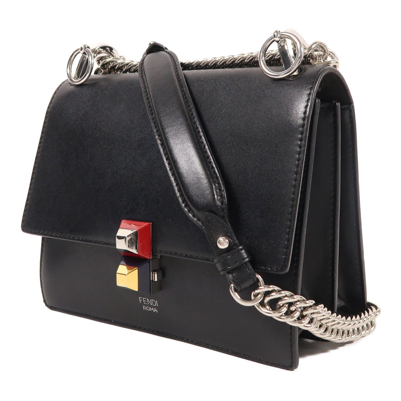 FENDI 牛皮皮革Chain Shoulder銀扣鏈帶肩背袋