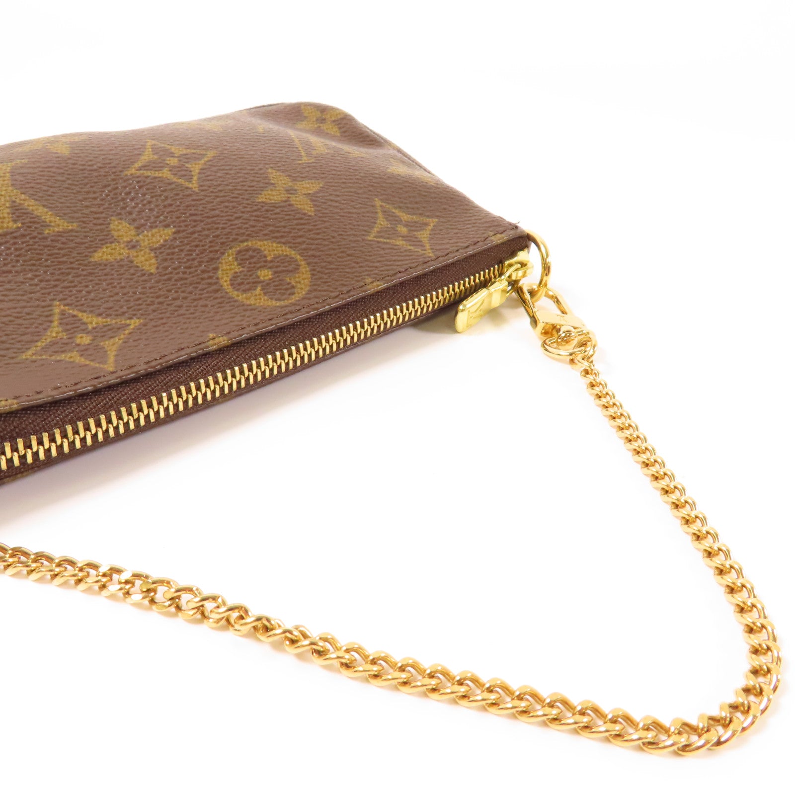 LOUIS VUITTON Monogram Pochette Accessories金扣手挽袋啡色