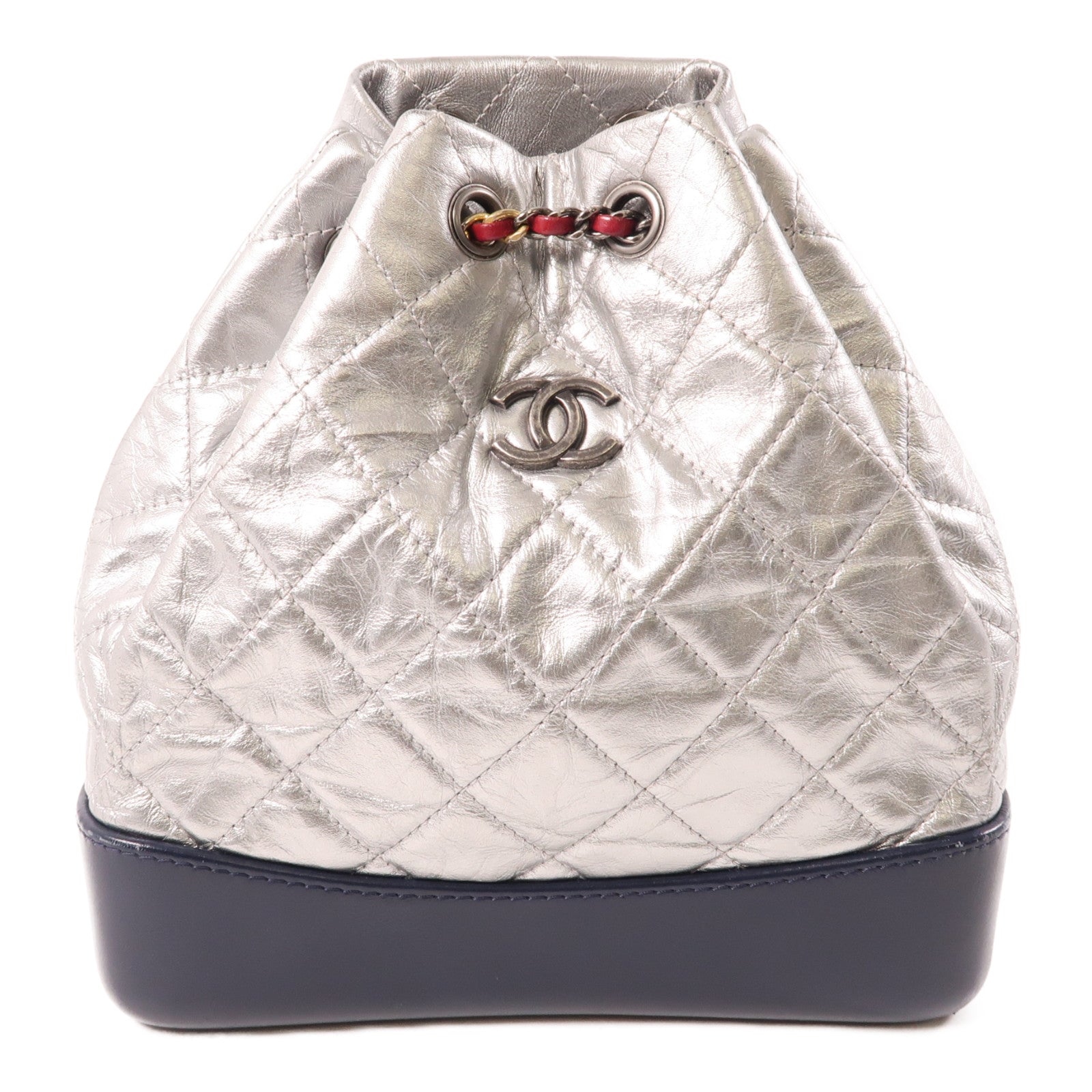 CHANEL 菱格牛皮皮革Gabrielle Backpack銀扣背包銀色